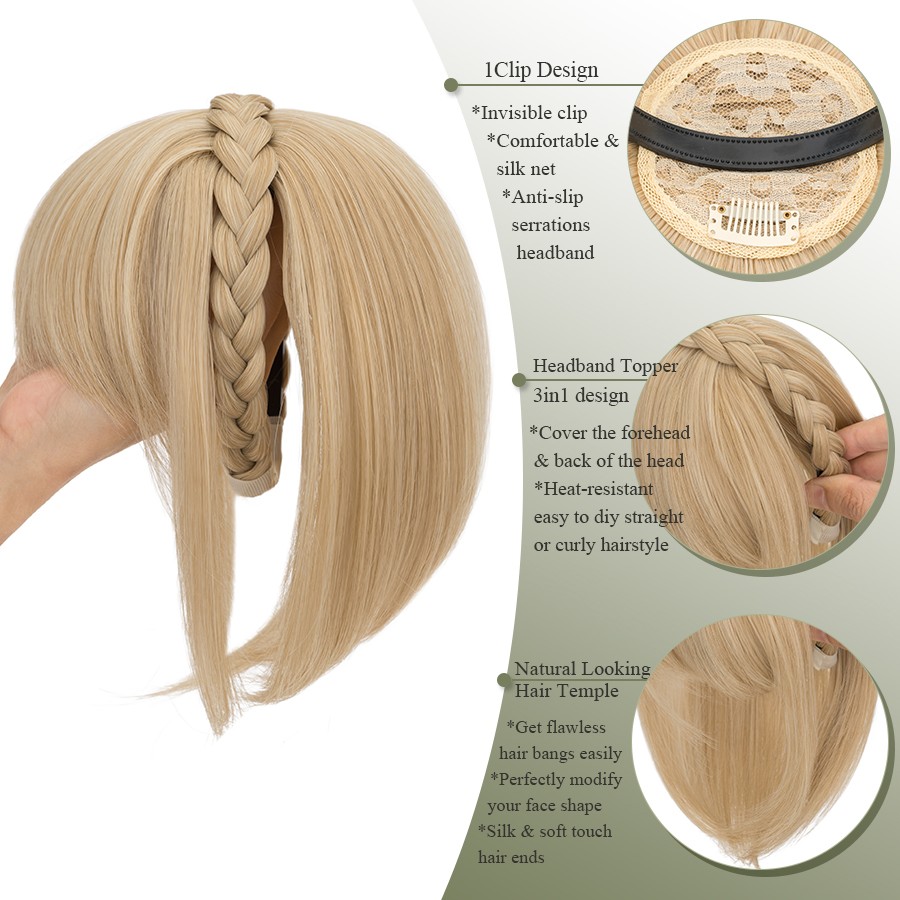 Braided Headband Topper Hairpiece Clip In Fringe Bang Hair Extension with Temple