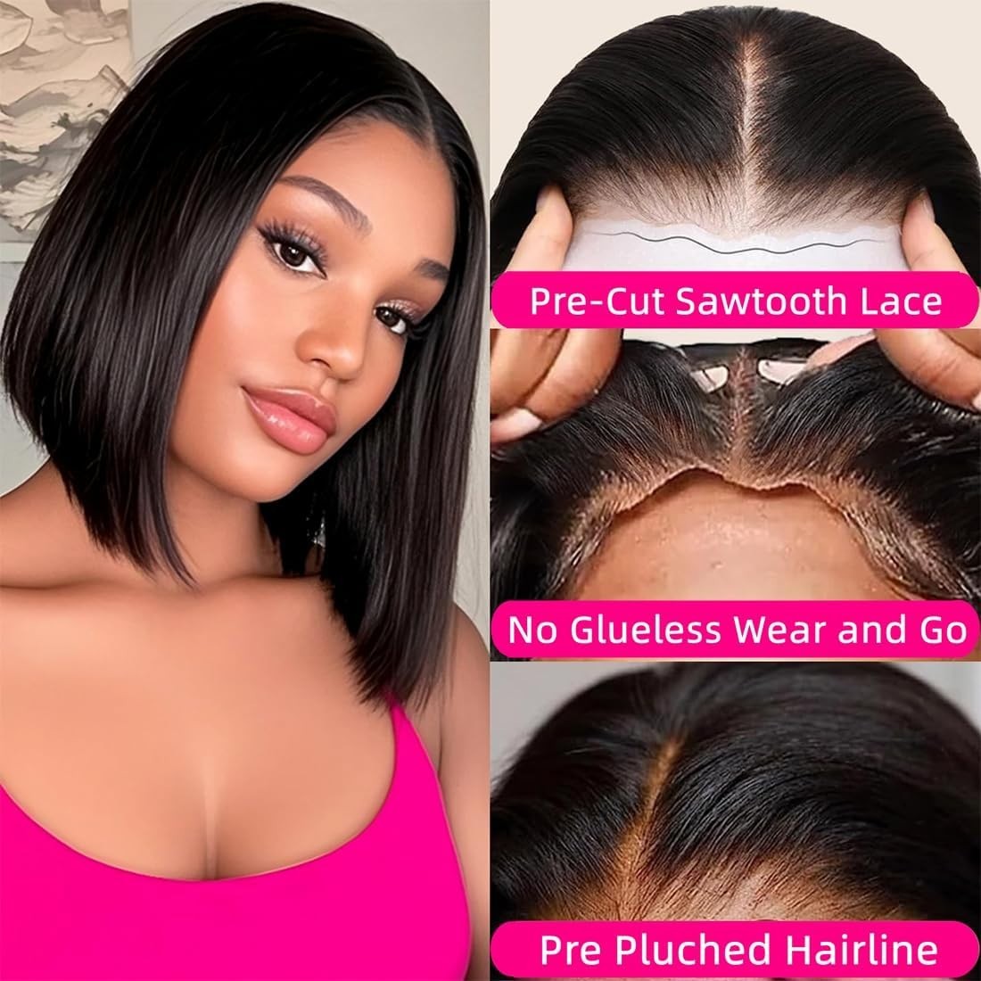 Wear and Go Glueless Bob StraightWig Human Hair Pre Plucked Pre Cut 4×4 Lace Wig