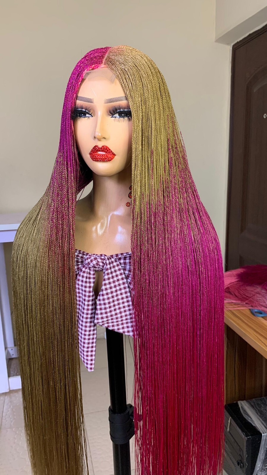 NANO BRAIDED WIG ON HALF CLOSURE (MICRO SENEGALESE TWIST) BURGUNDY AND GOLD 40