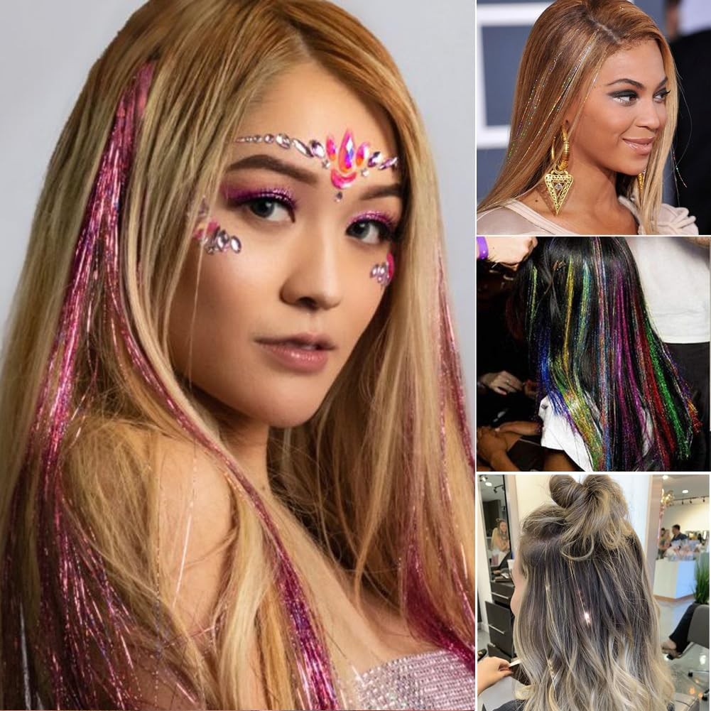 USHUIUS Hair Tinsel Kit With Tools 6Pcs 1200 Strands Pink 47 Inch,