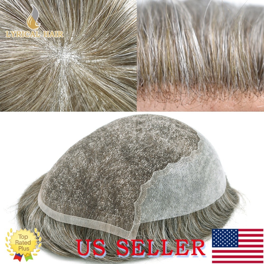 Mens Toupee French Lace Front Human Hair Replacement System Black Brown Grey Wig