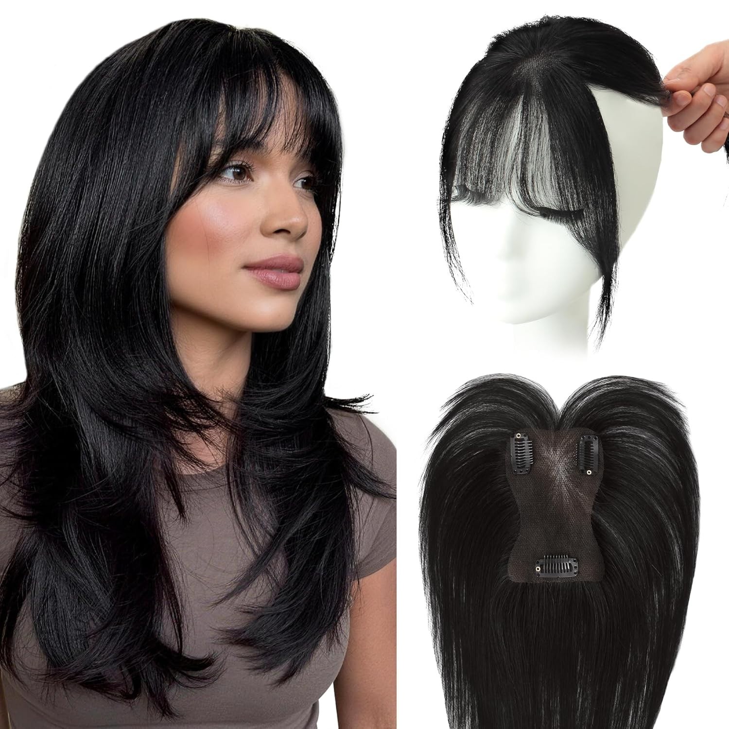 Clip in Bangs Human Hair Topper for Woman Hand-Tied French Lace Jet Black 10in