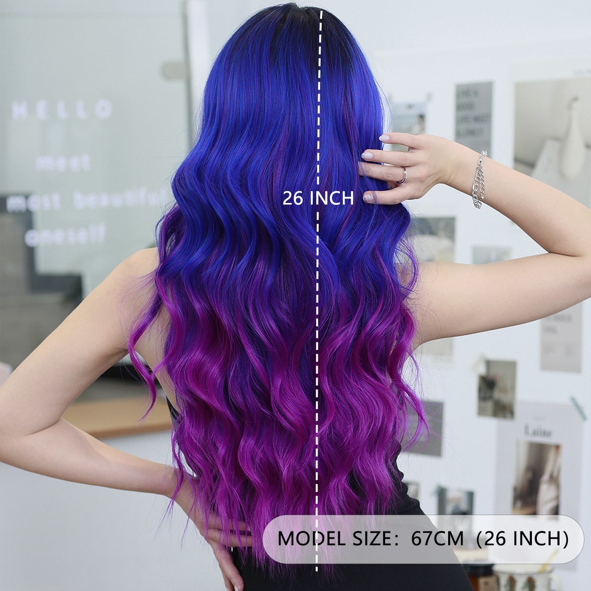 Small Lace Wig Synthetic Purple Blue Ombre Middle Part Wavy Full Head Wig For