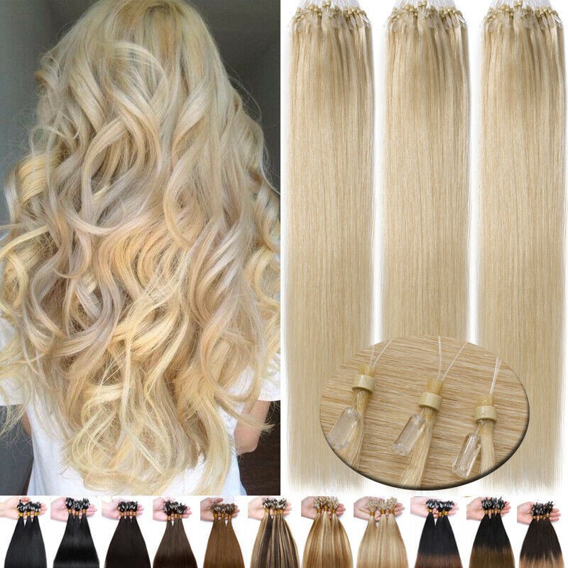 Micro Ring Loop Beads Hair Extensions 100% Human Hair Straight Colored 16″-26″