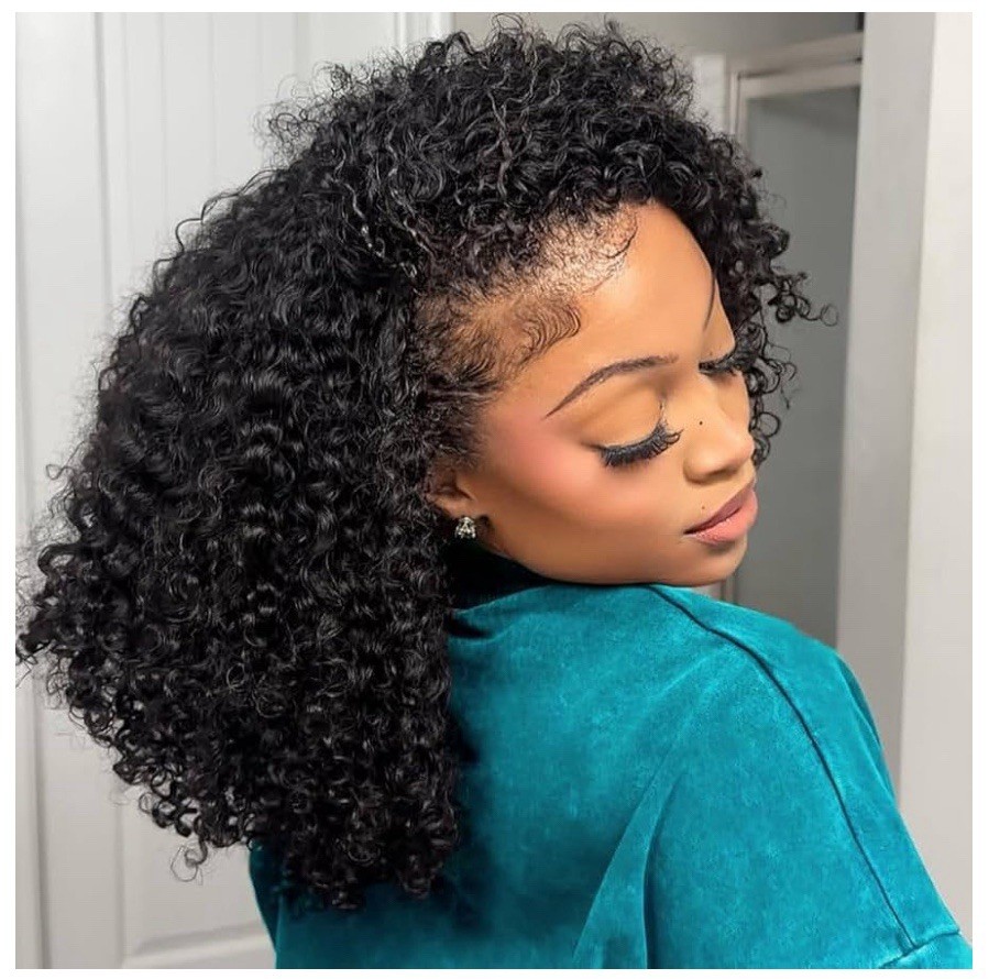 Kinky Curly Half Wig Human Hair 200 Density 3 In 1 Drawstring Seamless 24” Wig