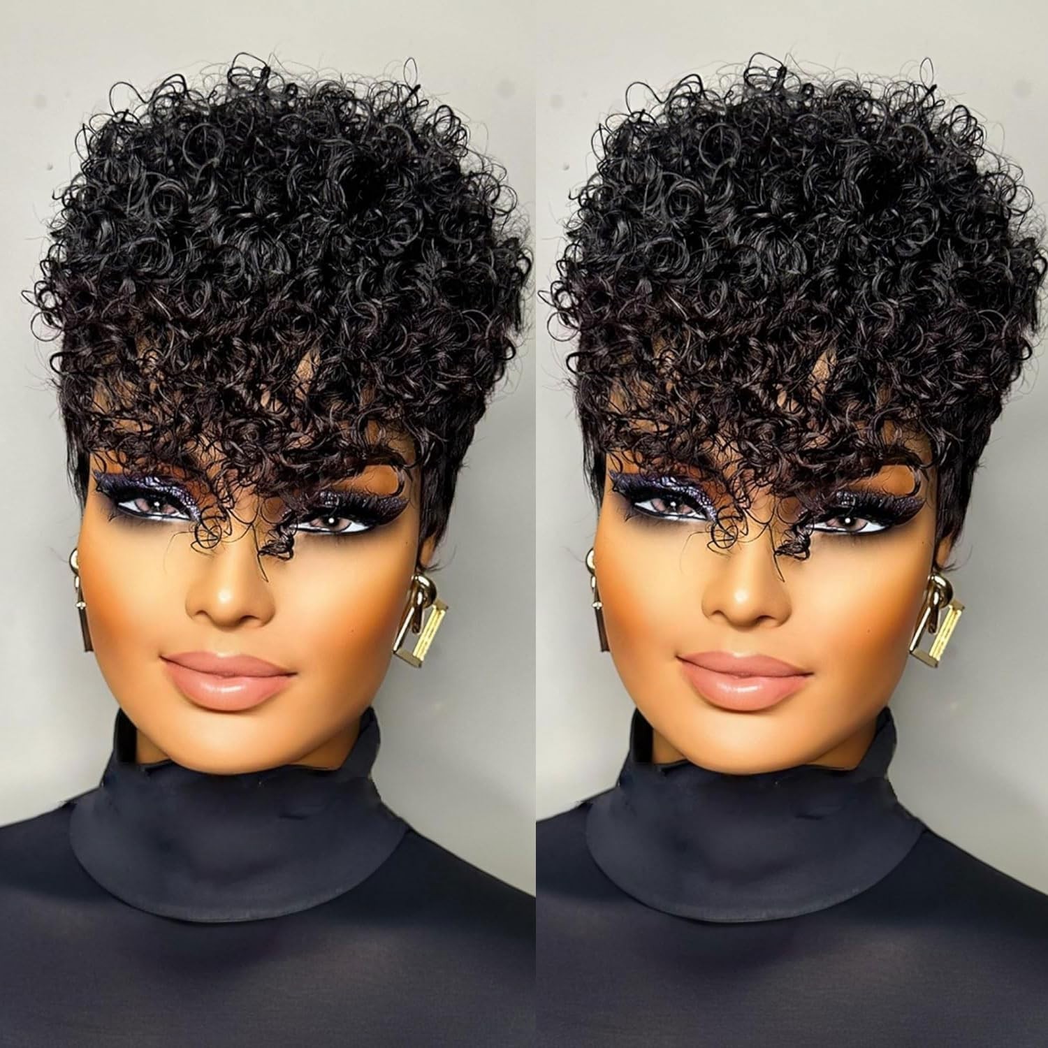 Short Layered Pixie Cut Wig for Black Women – Curly Human Hair with Bangs, Gluel