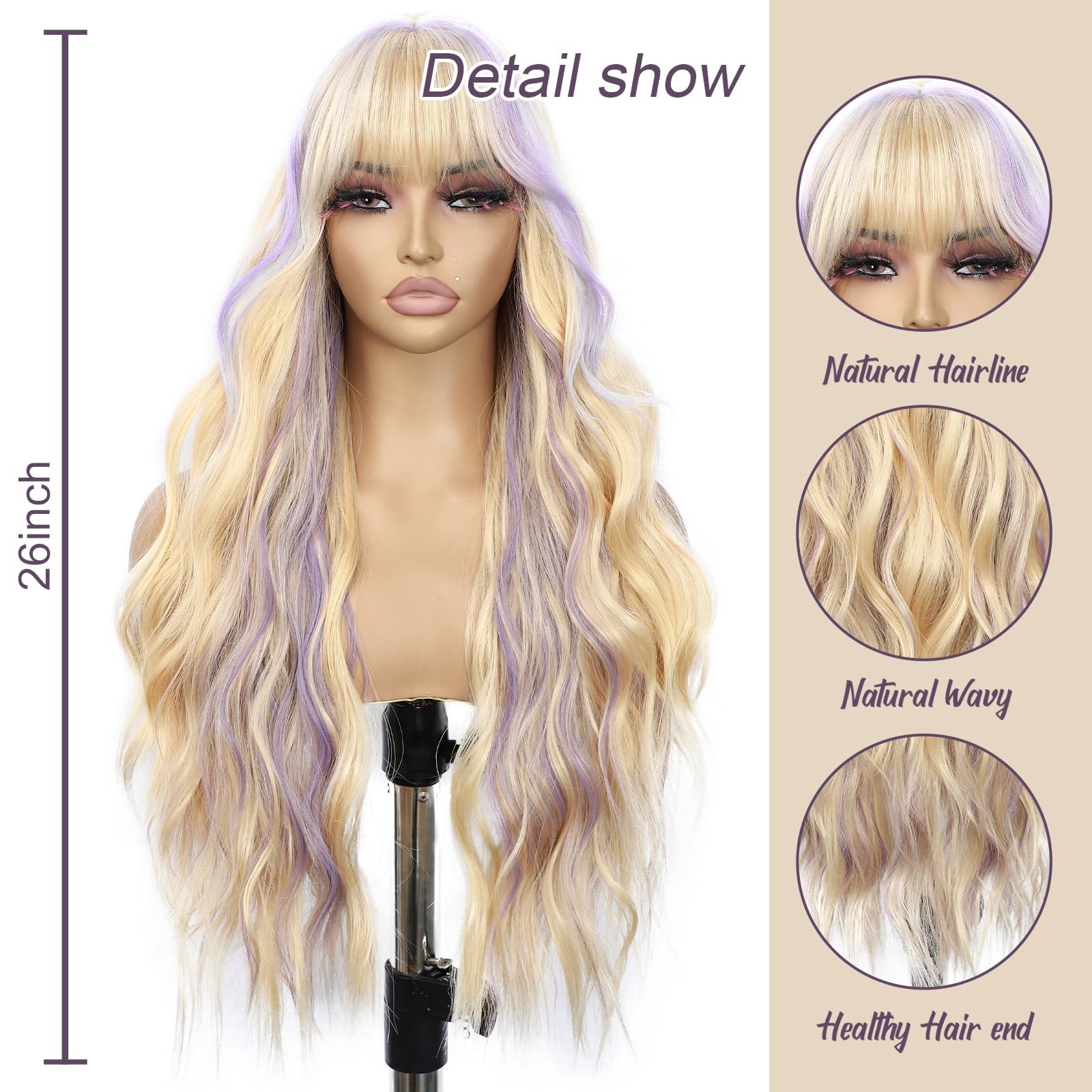 Blonde Wavy Wigs With Bangs for Women Body Wavy Synthetic Wig Highlight Blond…