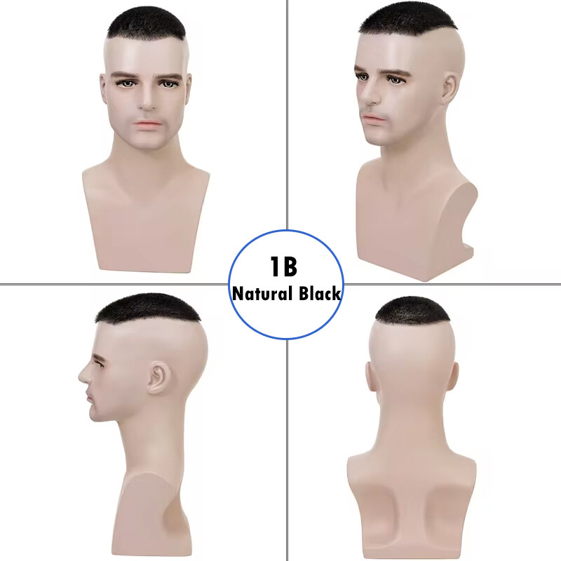 Mens Toupee Hairpiece PU Remy Hair System Replacement Buzz Cut Short Hair Wigs L