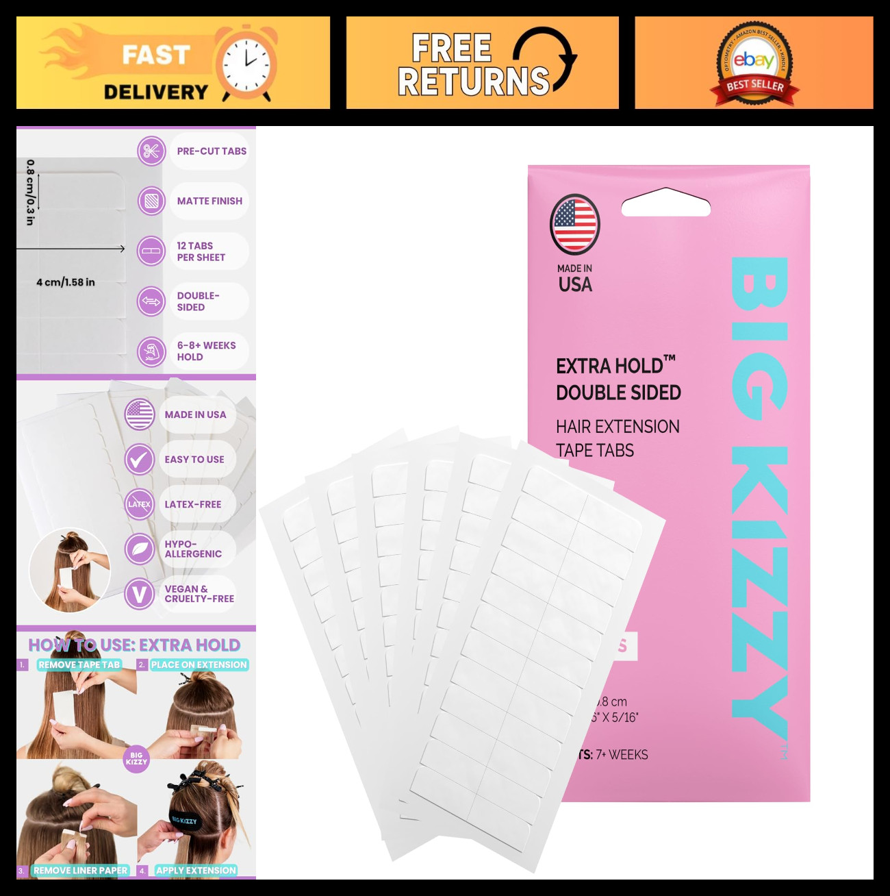 Extra Hold Double Sided Hair Extension Tape – 72 Tabs, Strong 6-8+ Weeks Hold