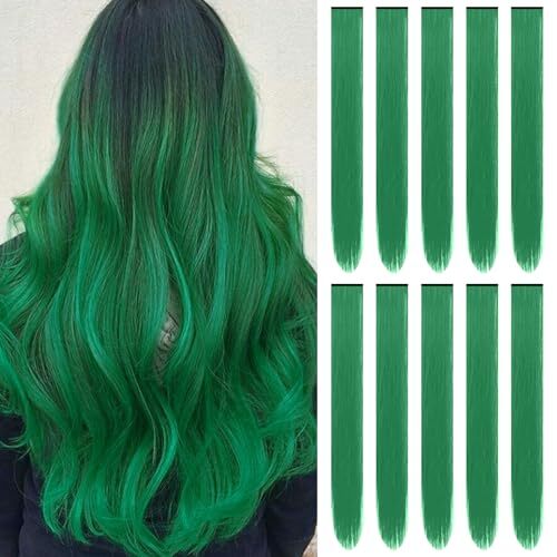 22 inch Colored Hair Extensions, Multi-colors Party Highlights Clip Dark Green