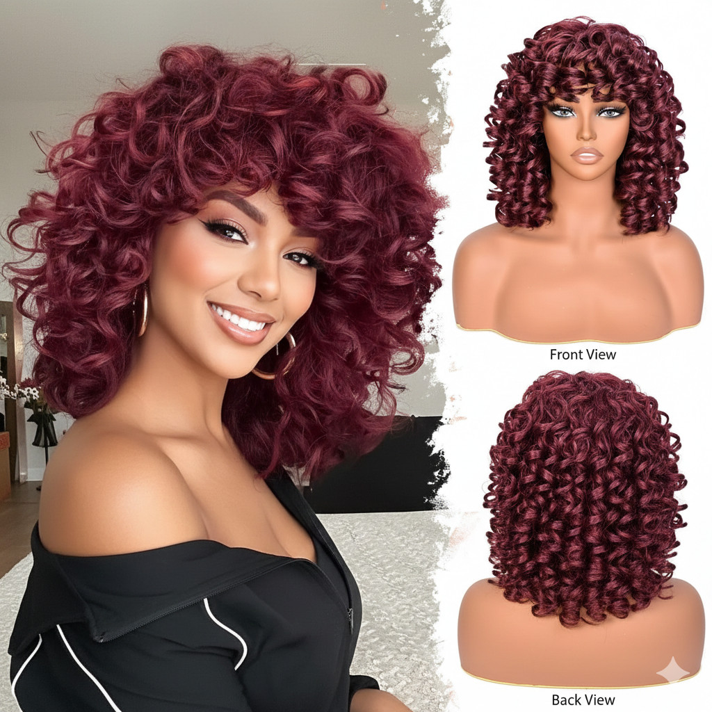 Short 14″ Wine Red Loose Curly Wig women bouncy afro curl synthetic daily party