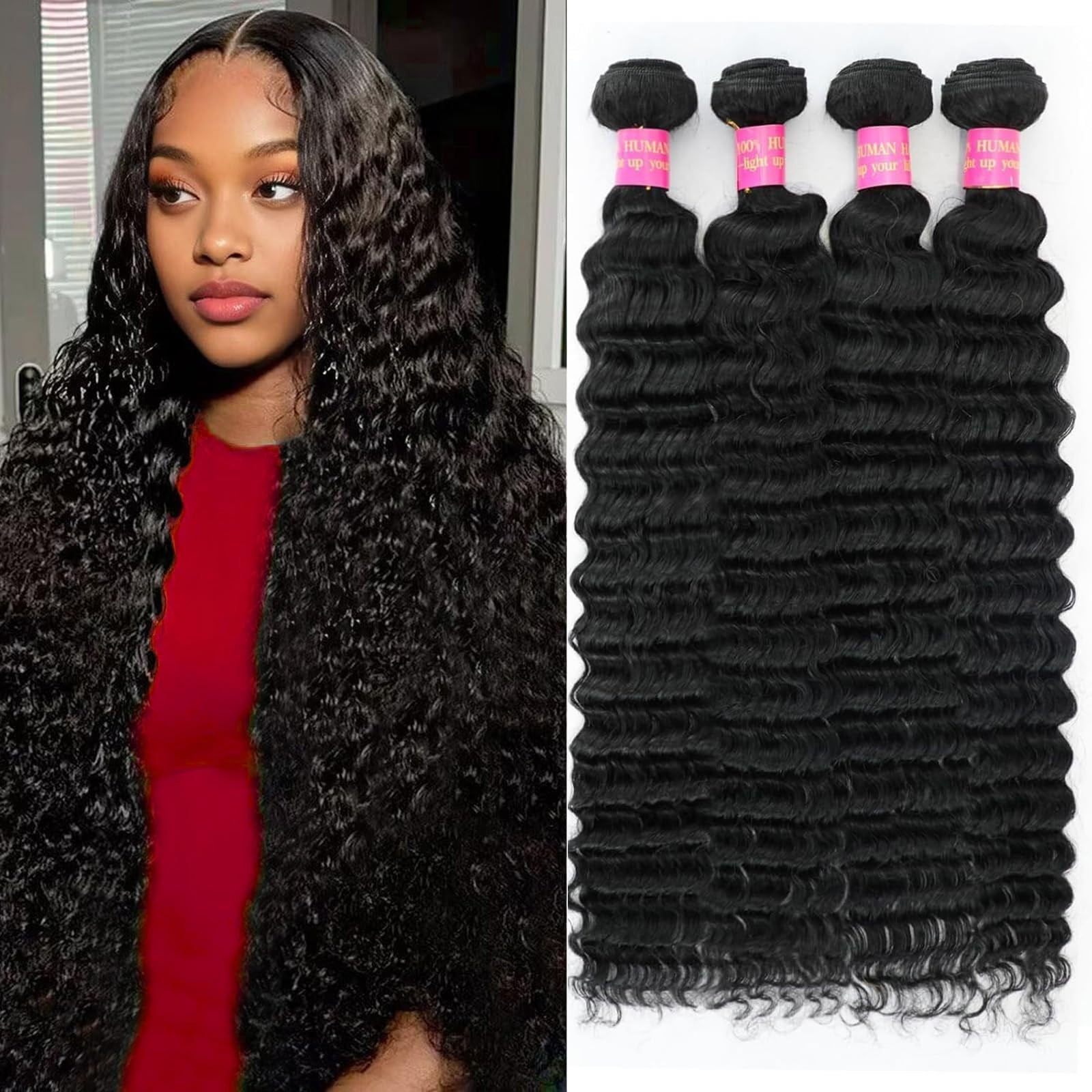 12A Deep Wave Human Hair Extensions 22-28 Inch Curly Bundles 100% Unprocessed Vi