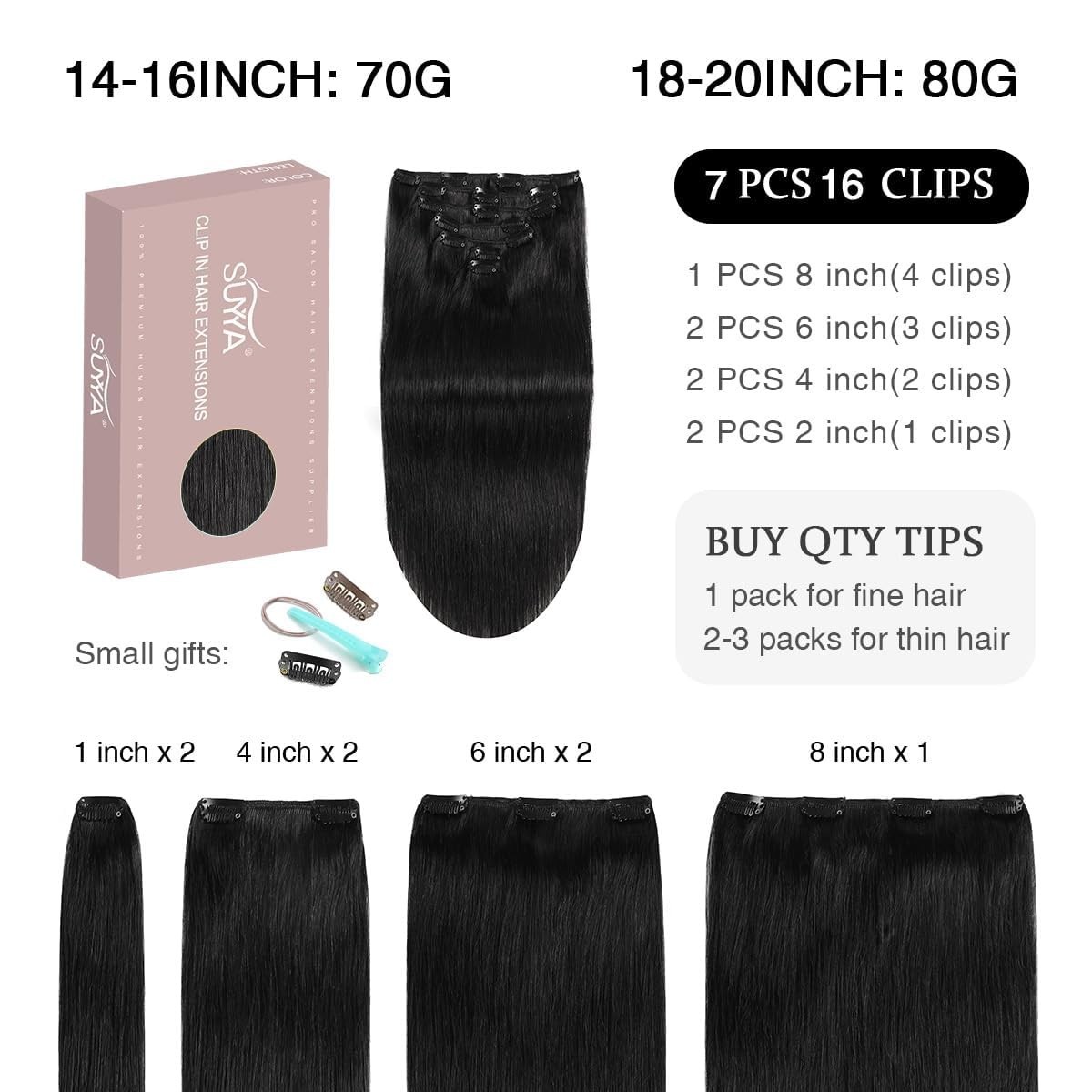 SUYYA Clip in Hair Extensions Real Human Hair 7 Pcs 20 Inch Jet Black 80 Grams