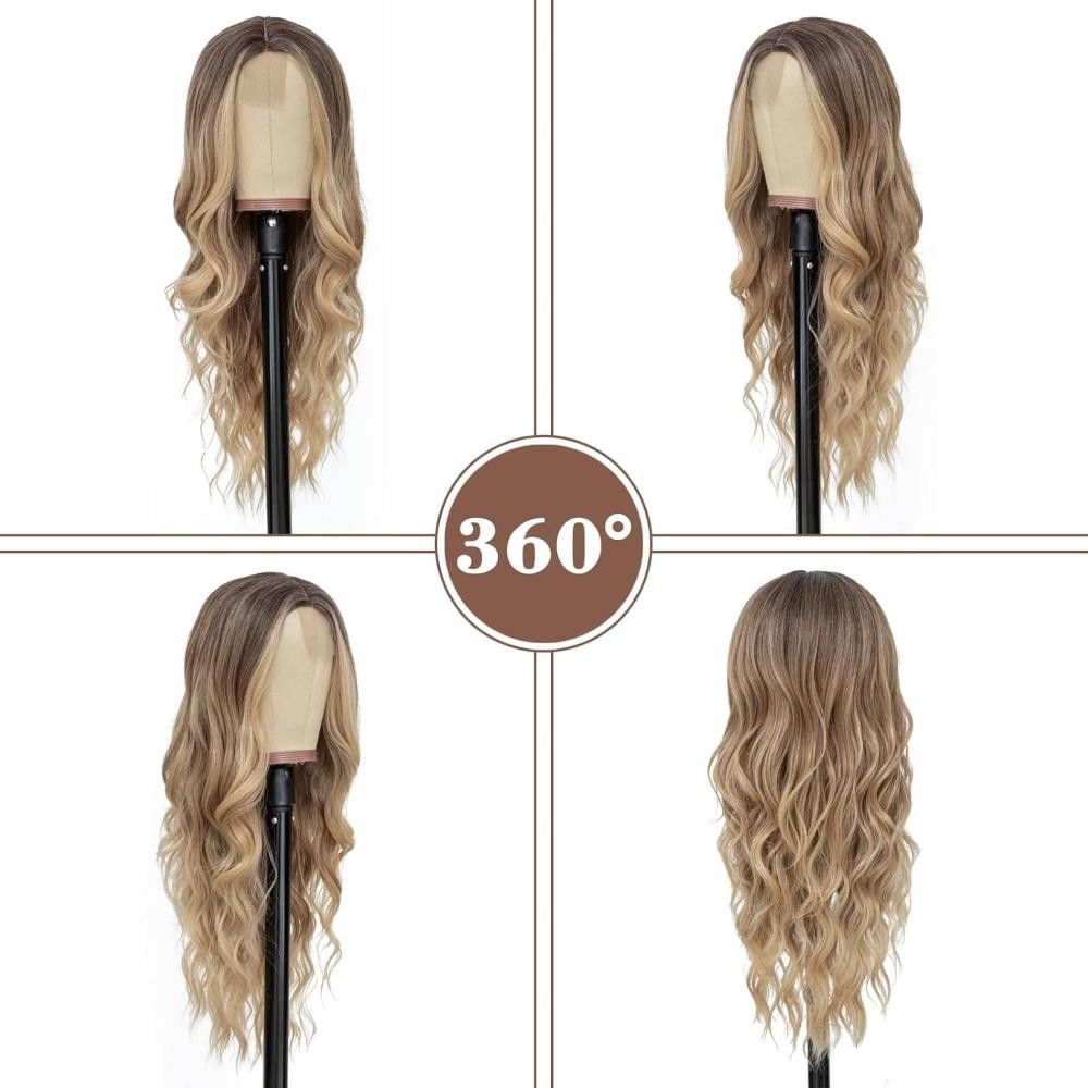 NAYOO Long Ombre Blonde Wavy Wig for Women 26 Inch Middle Part Curly Wavy Wig