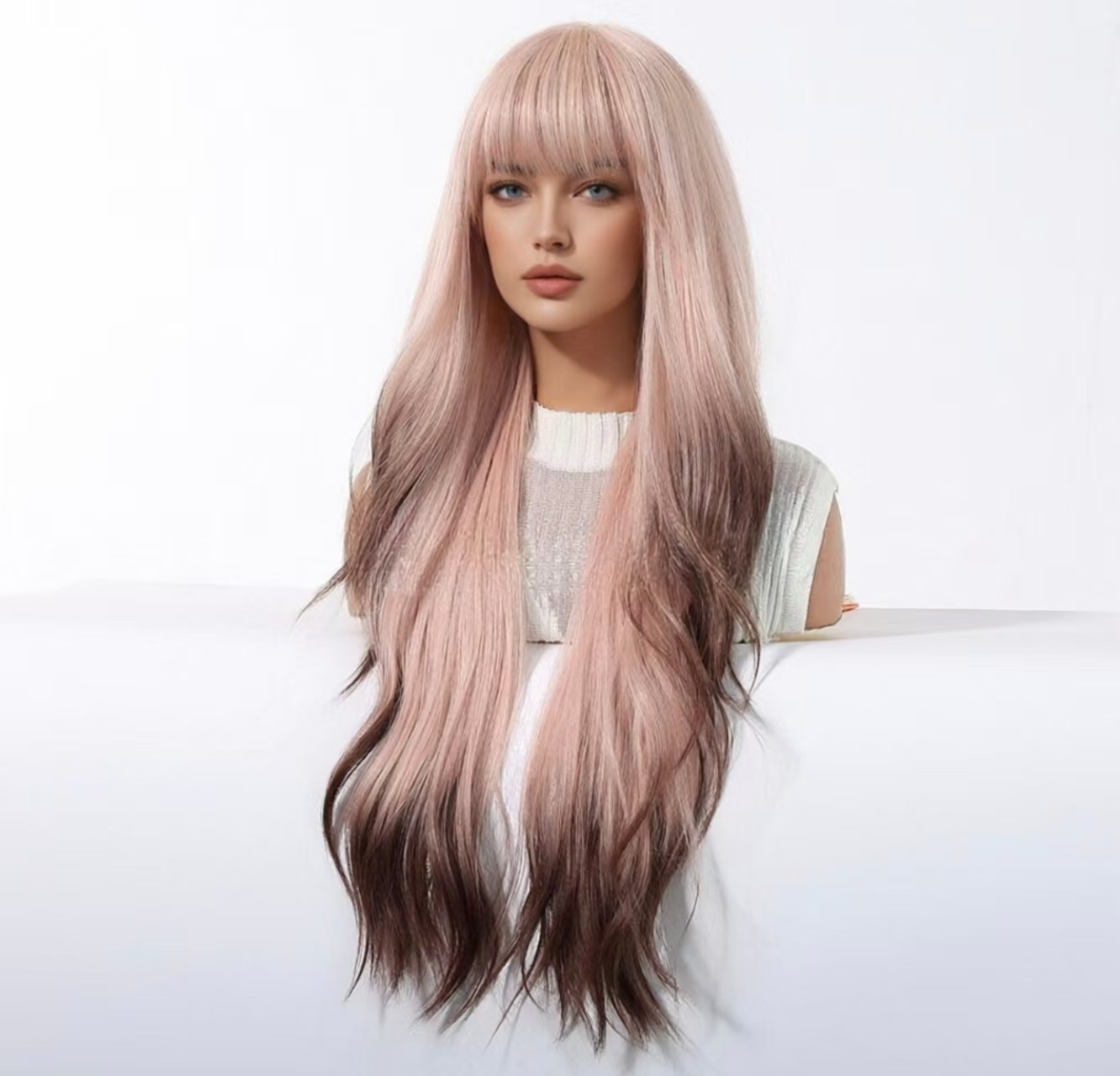 Long Wavy Light Pink Wigs with Bangs for Women Cosplay Party Synthetic Hair Wig