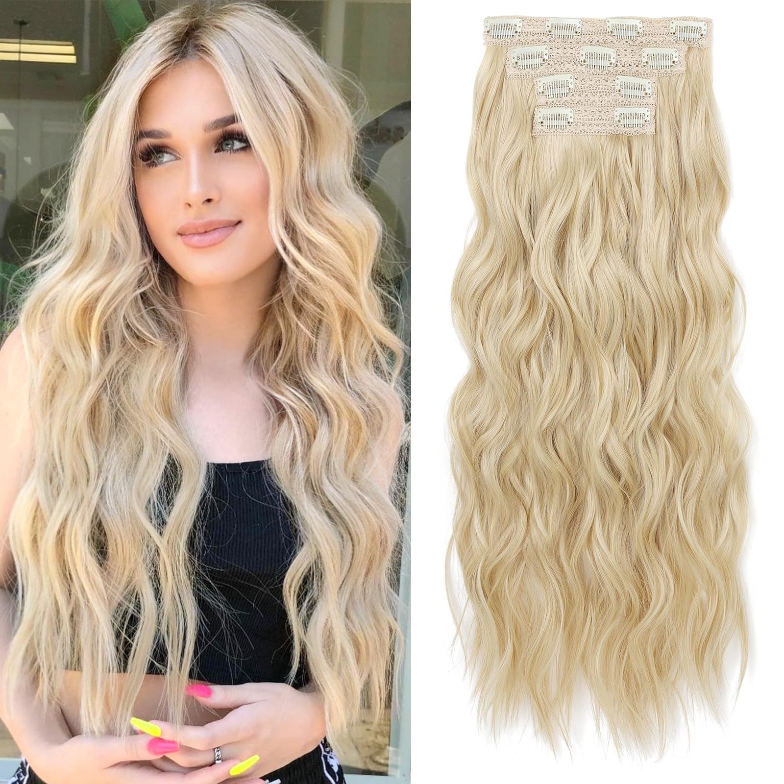 Clip in Hair Extensions, 4PCS Blonde Hair Extensions 24″ Thick Long Beach Wav…