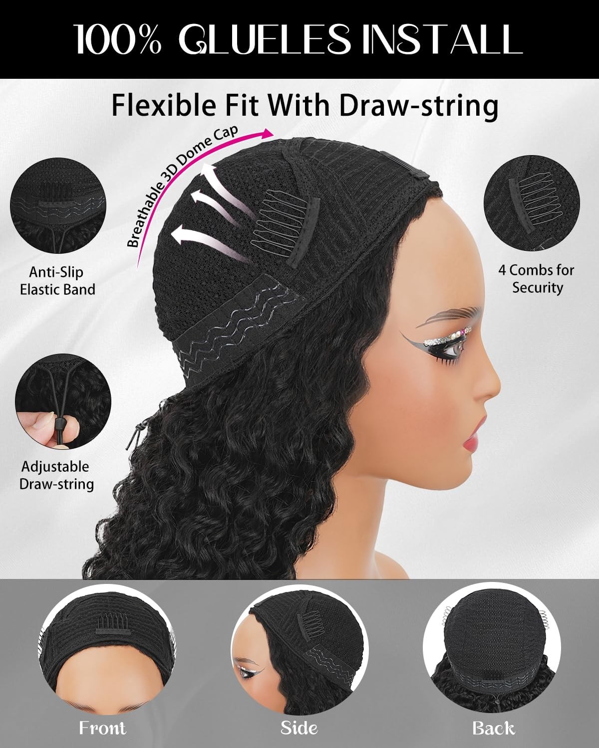Curly Half Wigs for Black Women – 26″ Glueless Drawstring Human Hair, 180% Densi