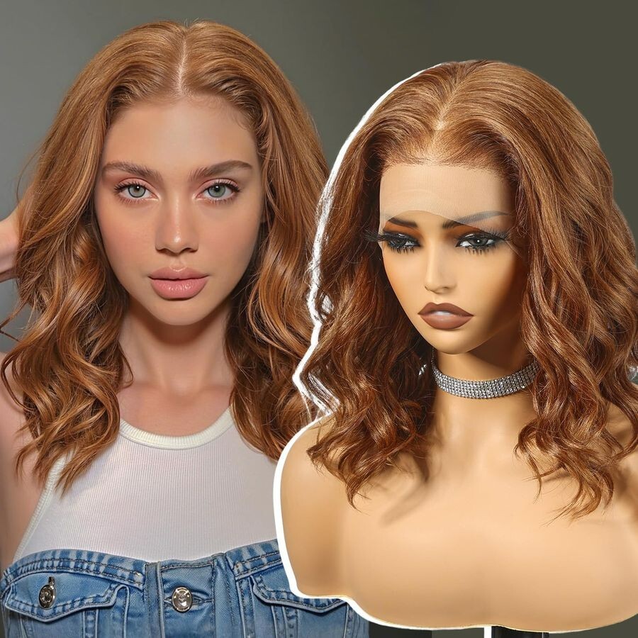Auburn Brown Synthetic Lace Front Wig,13×6 Glueless Shoulder Length Curly Bob…