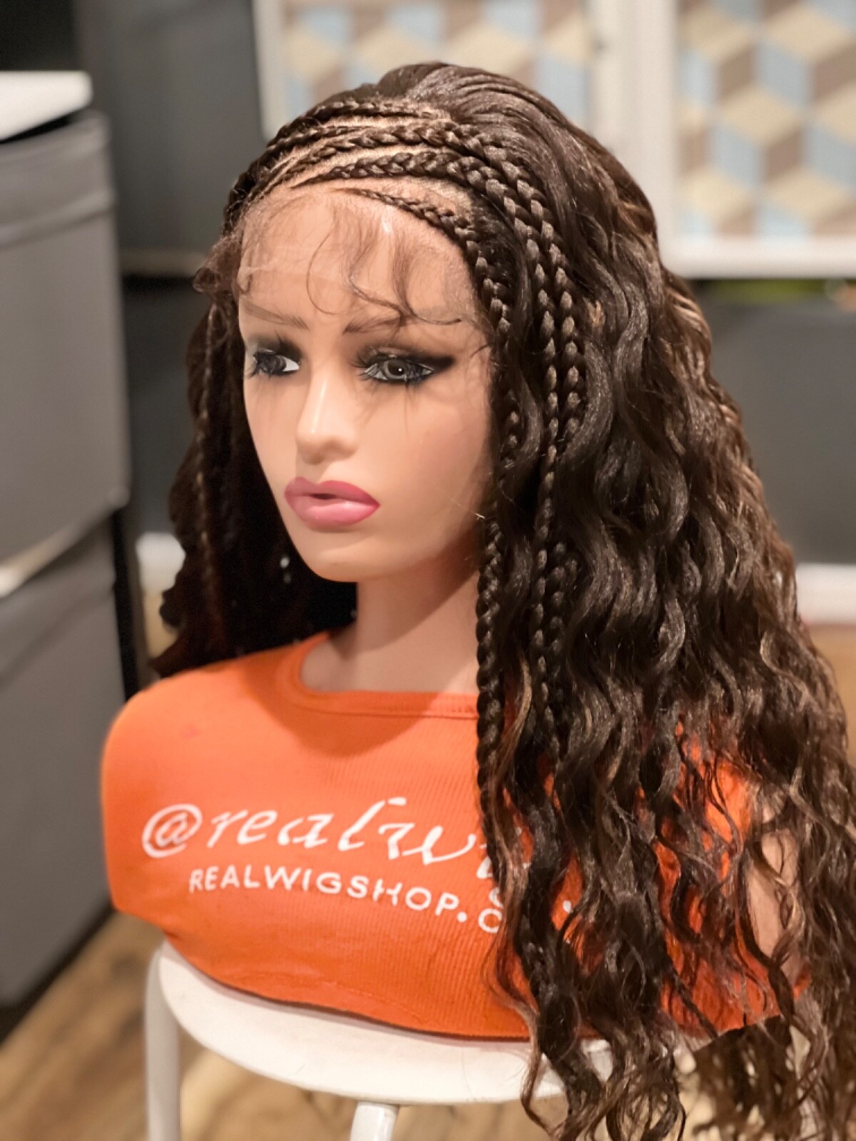 Braided wig. Handmade Cornrow wig with Curly Tips. Length Is 24”long