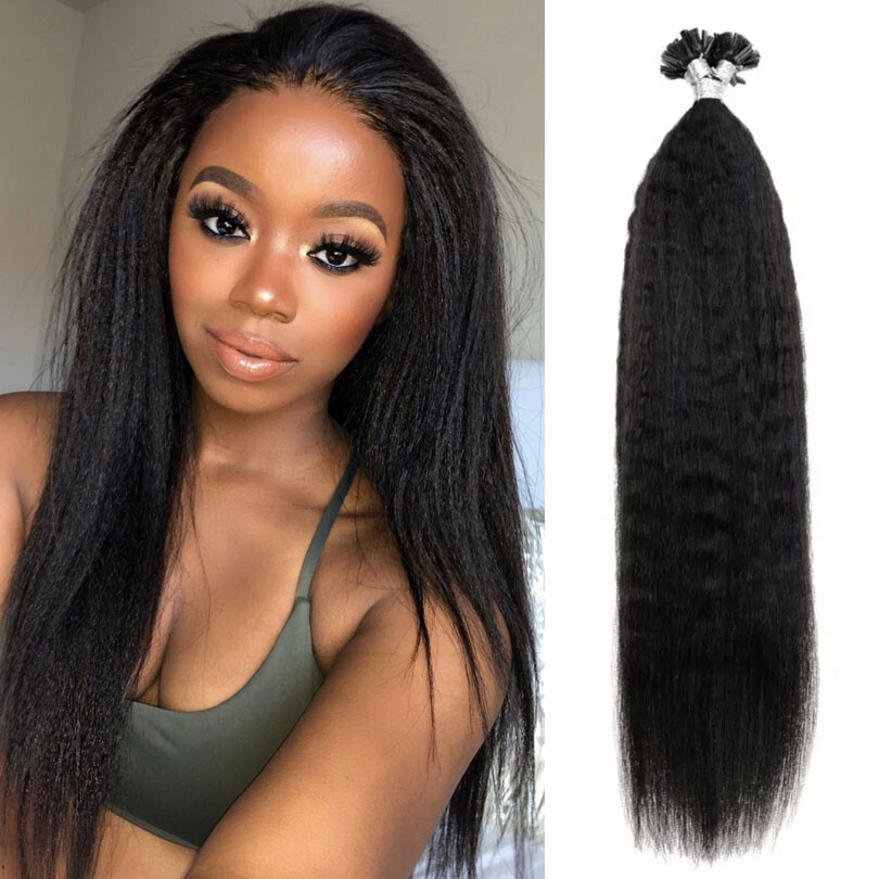 Kinky Straight U Tip Human Hair Extension Pre Bonded Nail Tip Fusion Hair 100Pcs