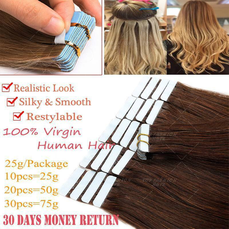 40PCS Tape In On Stick Remy Human Hair Extensions Skin Weft Sliver 12″-24″ Thick