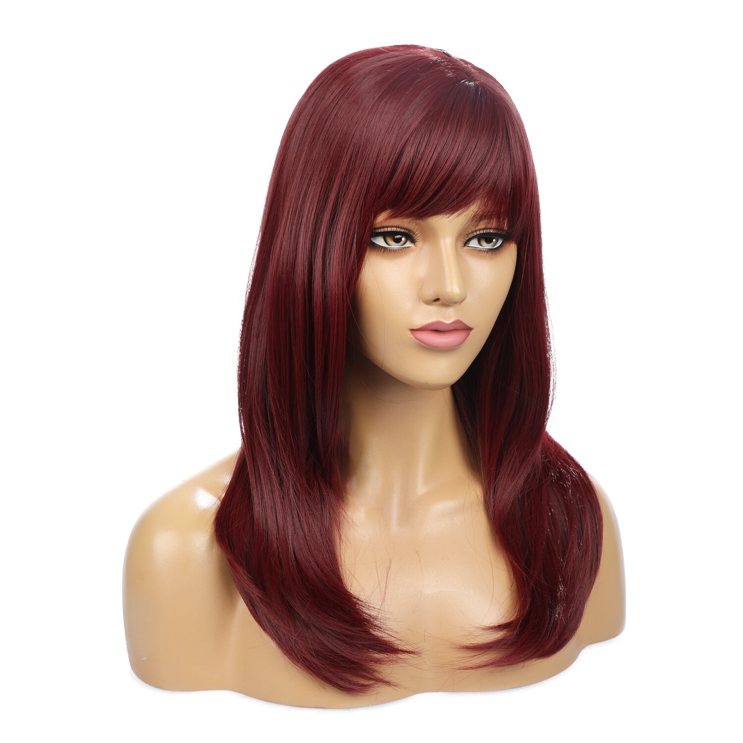 21in Wine Red High Temperature Fiber Hair Wigs With Bangs Women Hairpieces Beaut