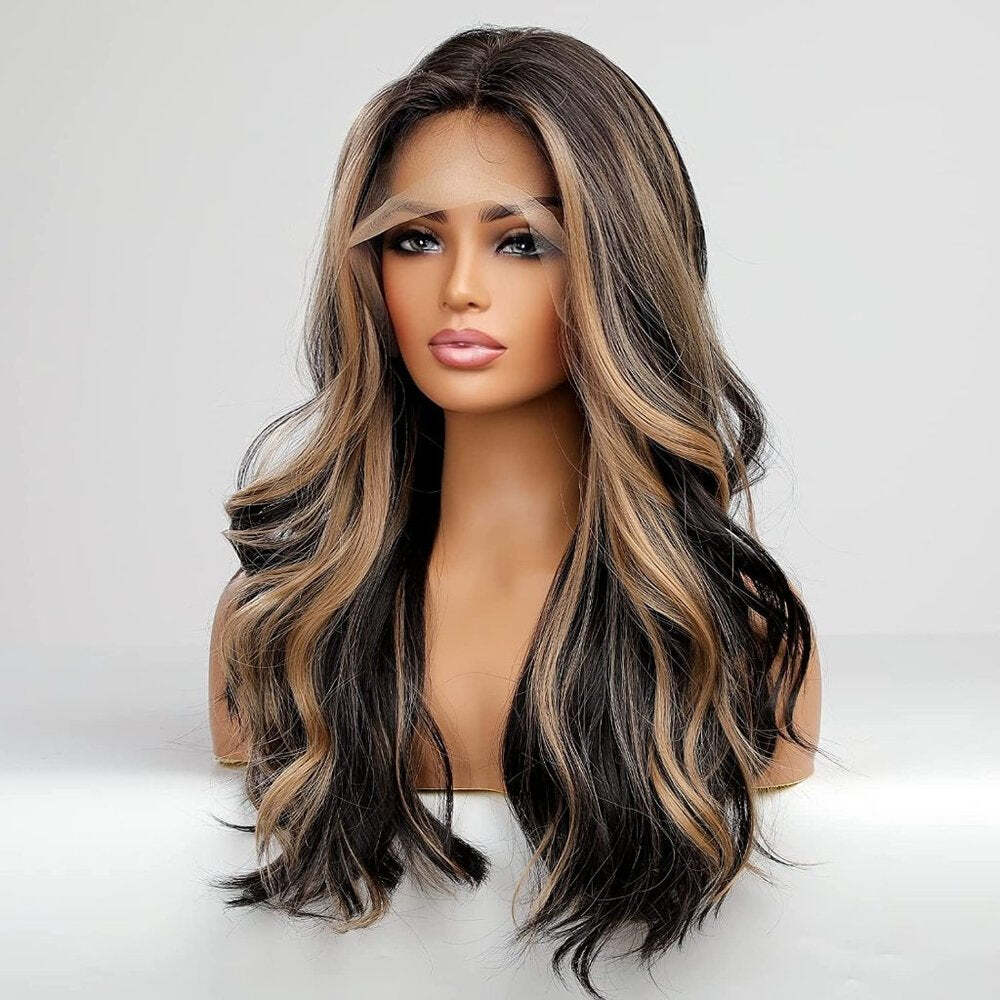 Black With Brown Highlight Lace Front Wig Pre-Plucked 100% Human Hair Body Wave