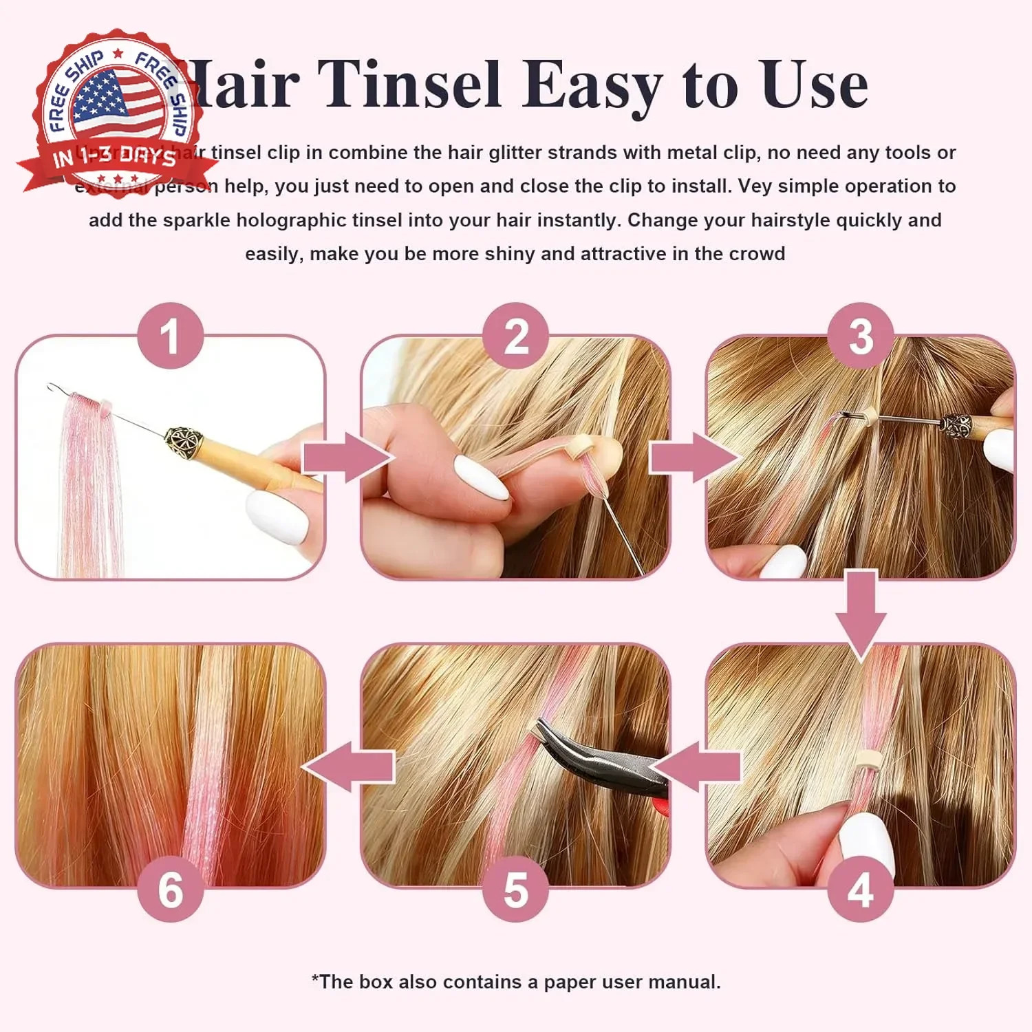 Leuceiy 12 Colors Hair Tinsel Kit, 48 Inch Hair Extensions With Tool, 3600 Stran