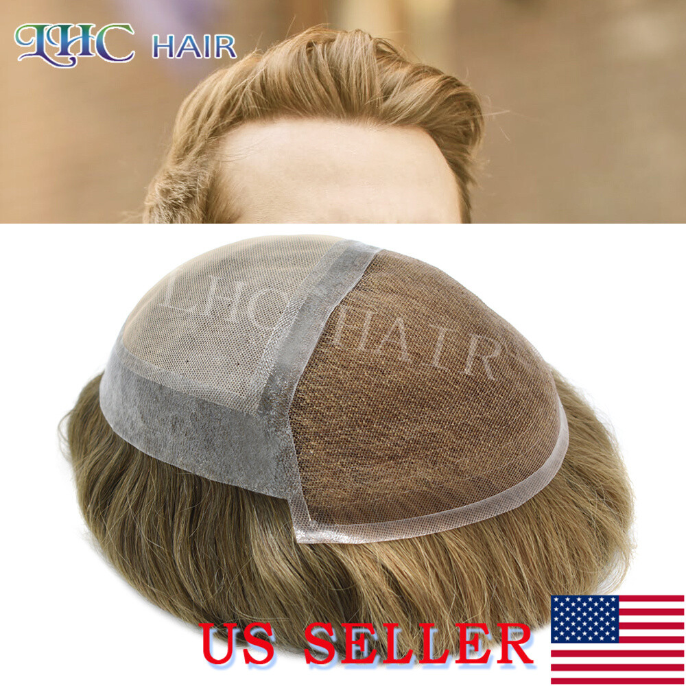 Swiss Lace Front Mens Toupee Human Hair Replacement System Lace&PU Hairpiece Wig