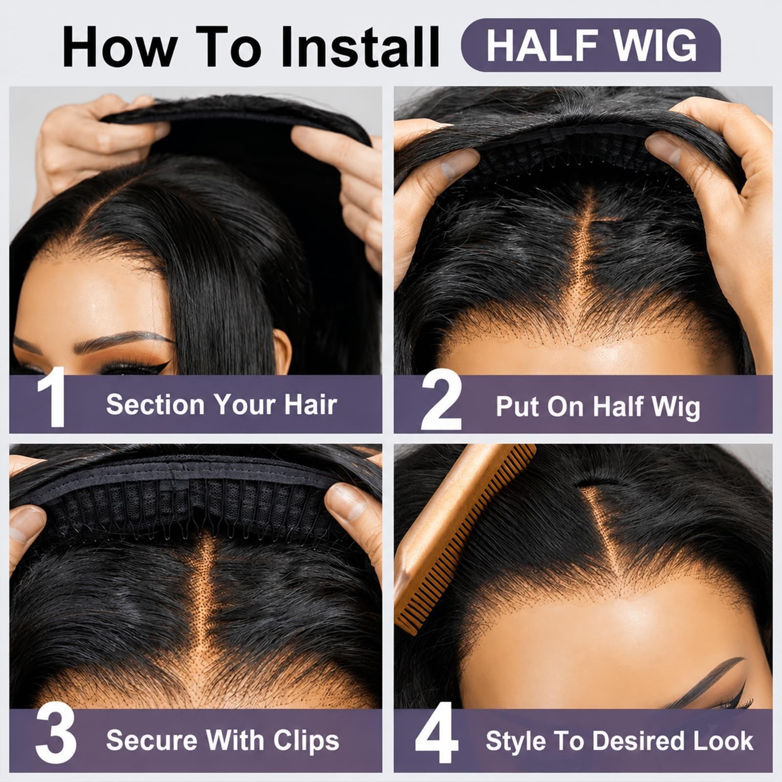 180 Density 16 Inch Half Wig Human Hair, Glueless Drawstring Clip-In, Water Wave