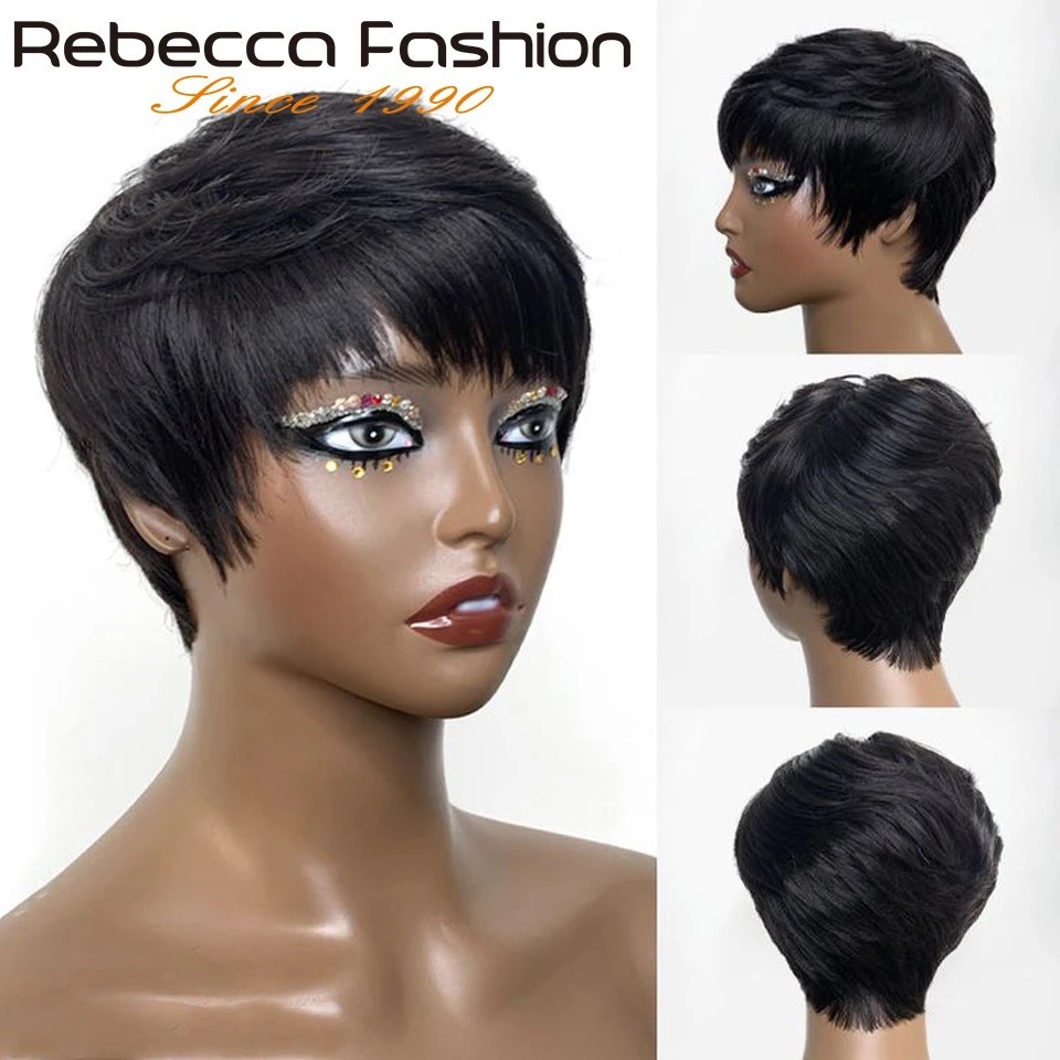Pixie Short Cut Colored Straight Human Hair Wig Bangs Women Fashion Beauty Gift