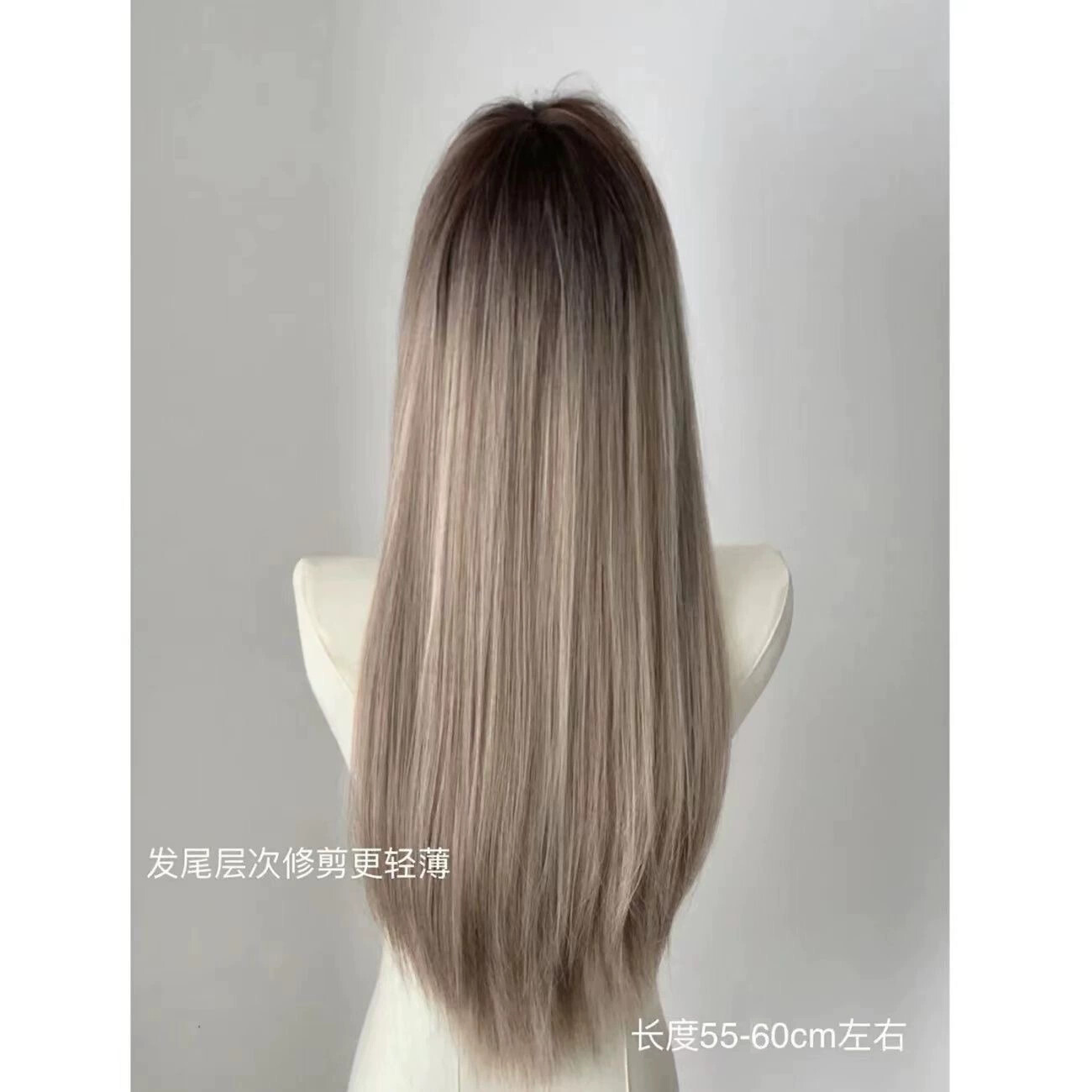 Ombre Ash Blonde Long Straight wig with Bangs for Women Cosplay Party Daily Use