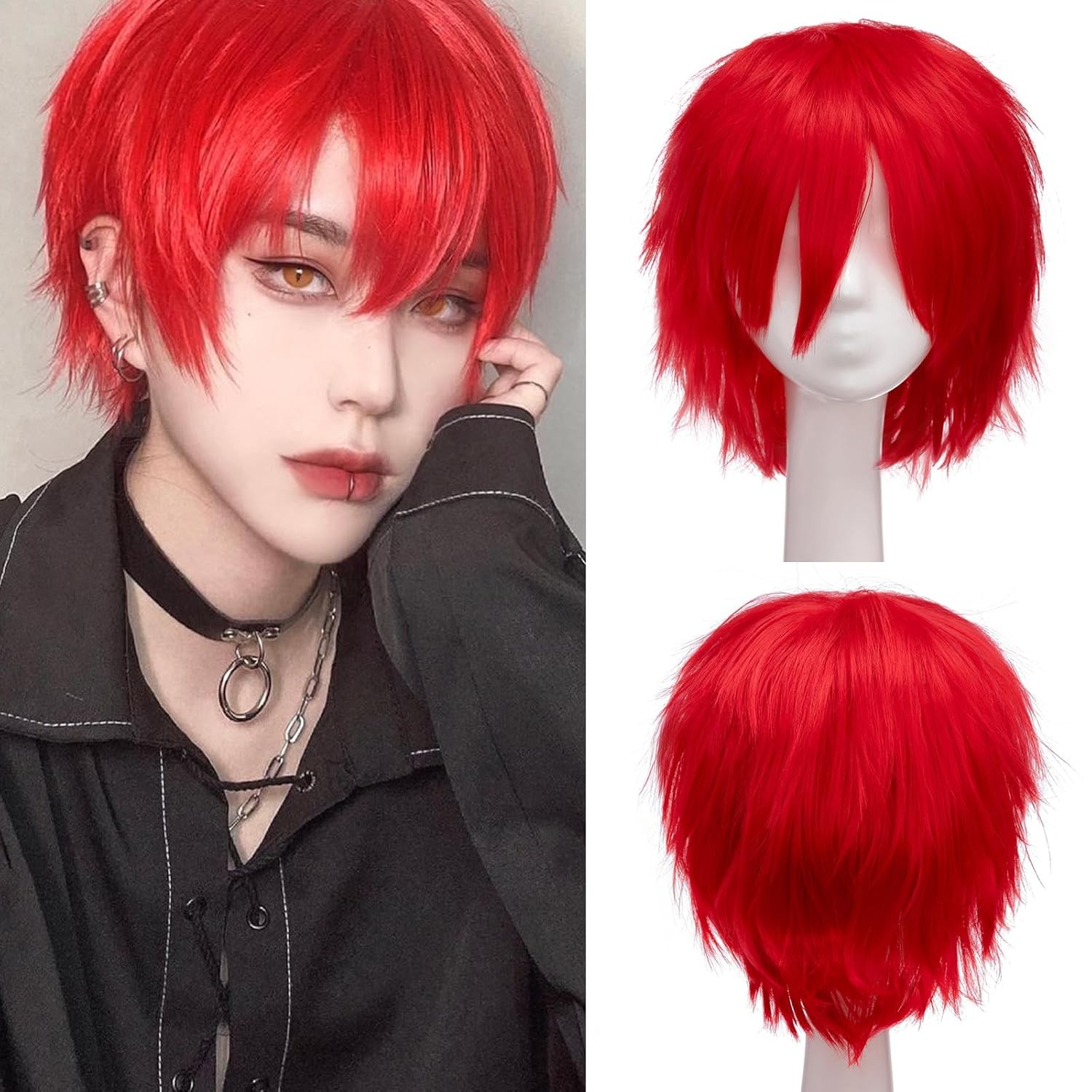 Unisex Short Green Wig Women Men’s Short Layered Fluffy Spiky Wigs with Bangs