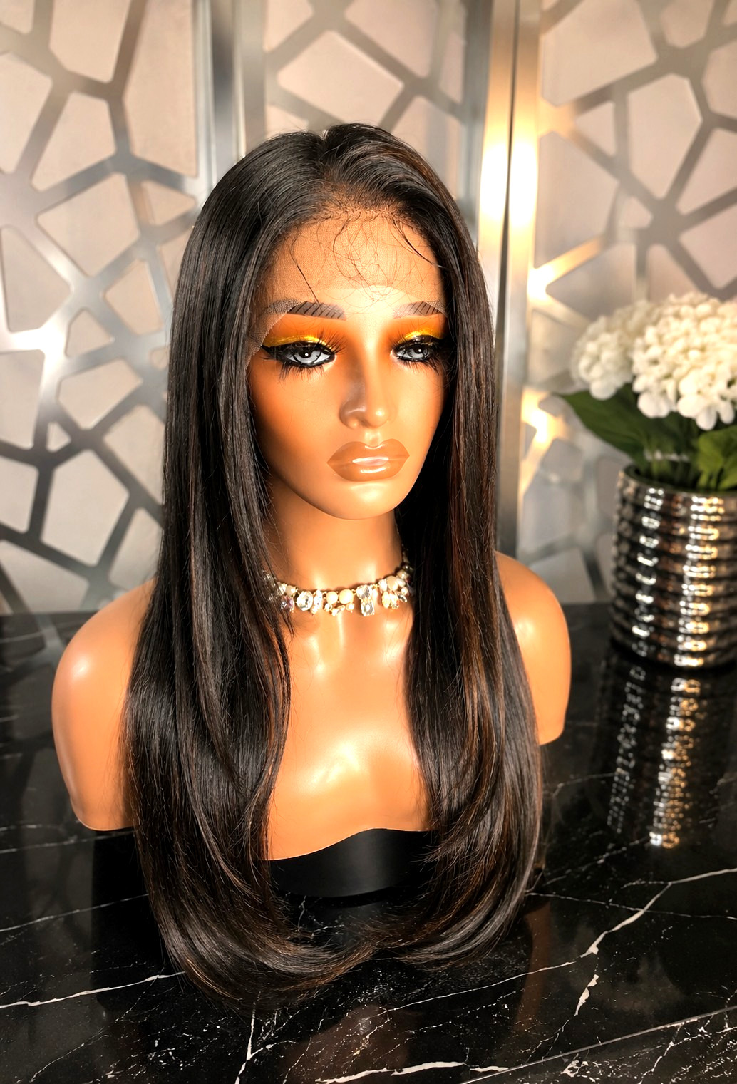 Black Straight Wig Auburn Highlights Human Blend 13×4 Lace Front Wig Glueless