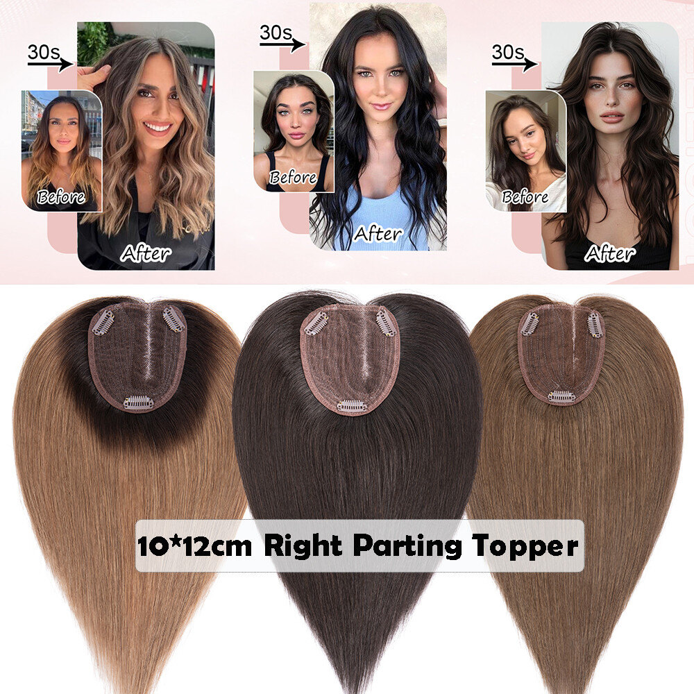 Silk Base 100%Human Hair Topper Clip in Hairpiece Wig Toupee Top Piece Side Part
