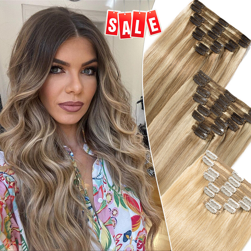 THICK 110-170G Clip In 100% Remy Human Hair Extensions Full Head Double Weft US