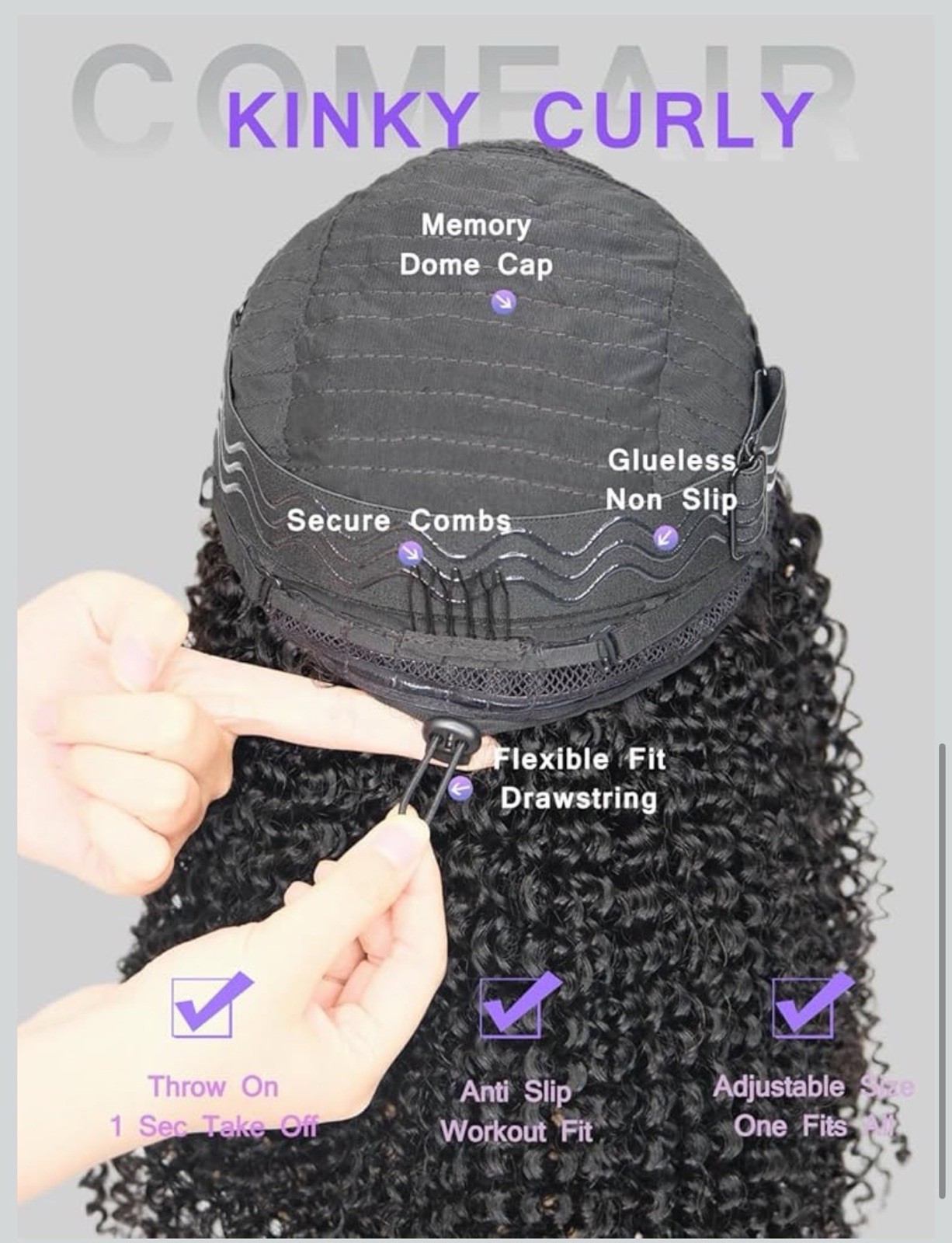 Kinky Curly Half Wig Drawstring Human Hair Natural Black Full Volume