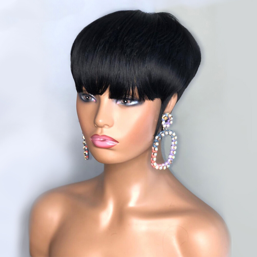 Hot Pink Pixie Cut Human Hair Wigs Full Bang 100% Brazilian Hair for Black Women