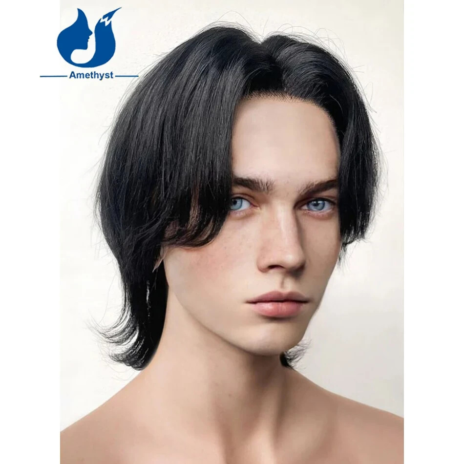 Layered Men’s Mullet Wig Lace Front Human Hair Remy Brazilian Wig Curtain Bangs