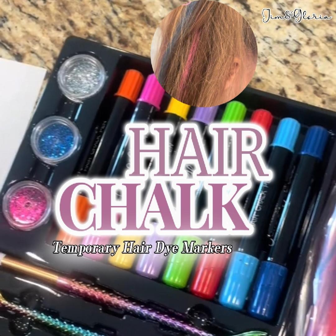 Washable Dustless Hair Chalk Set with Clip-in Extensions, Brushes & Glitter – Te