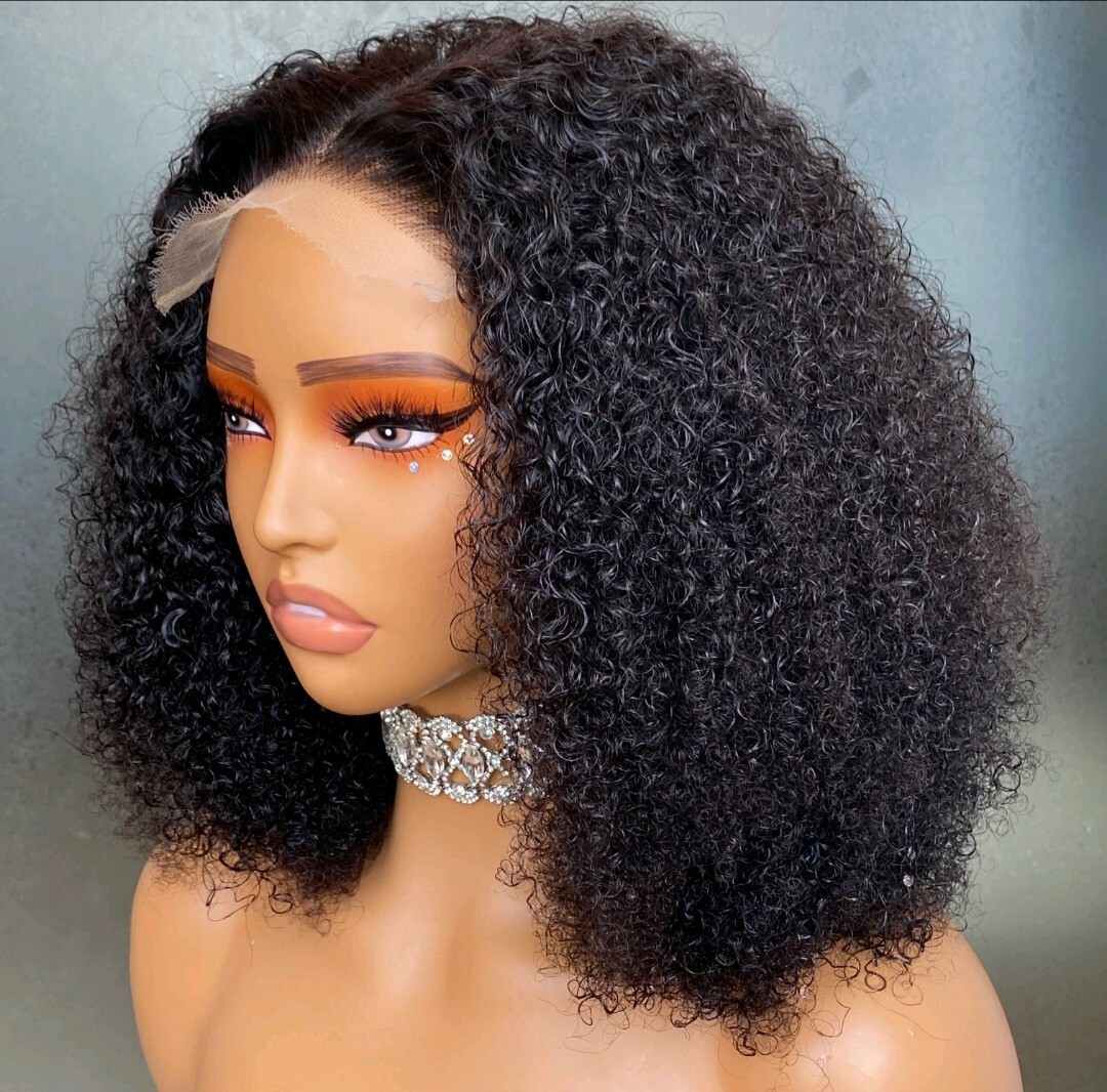 12INCH BRAZILIAN HAIR 5X5 HD LACE WIG AFRO SOFT KINKY BABY CURL 180% DENSITY 1B#