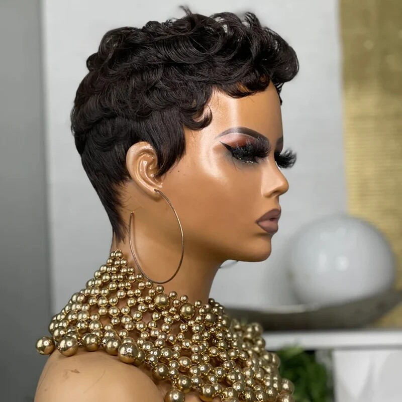 Short Black Wave Pixie Cut Wigs Glueless Wigs 100% Human Hair Wig None Lace