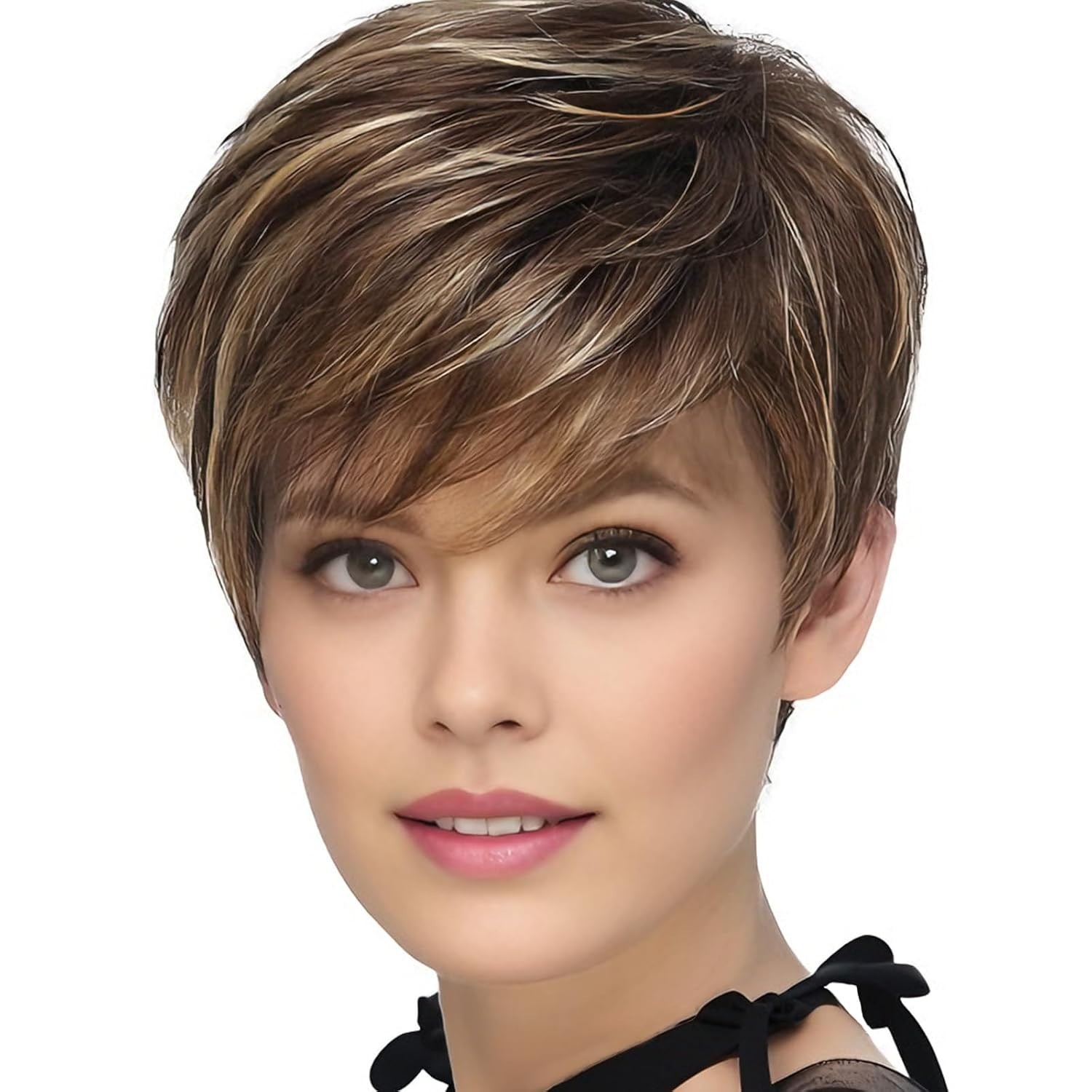 Pixie Cut Brown Short Hair Wigs for White Women with Bangs Brown Mixed Blonde…