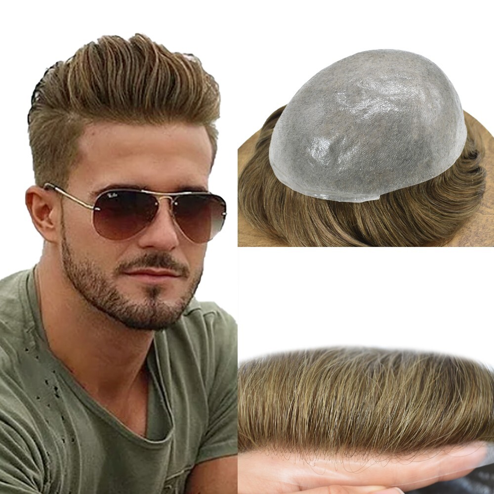 Mens Toupee Hairpieces Super Thin Skin Mens Hair Replacement All PU System Wigs