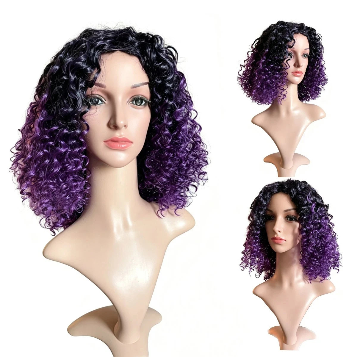 Afro Curly Black Short Ombre Purple Synthetic Hair Wig for Women Every day Wear