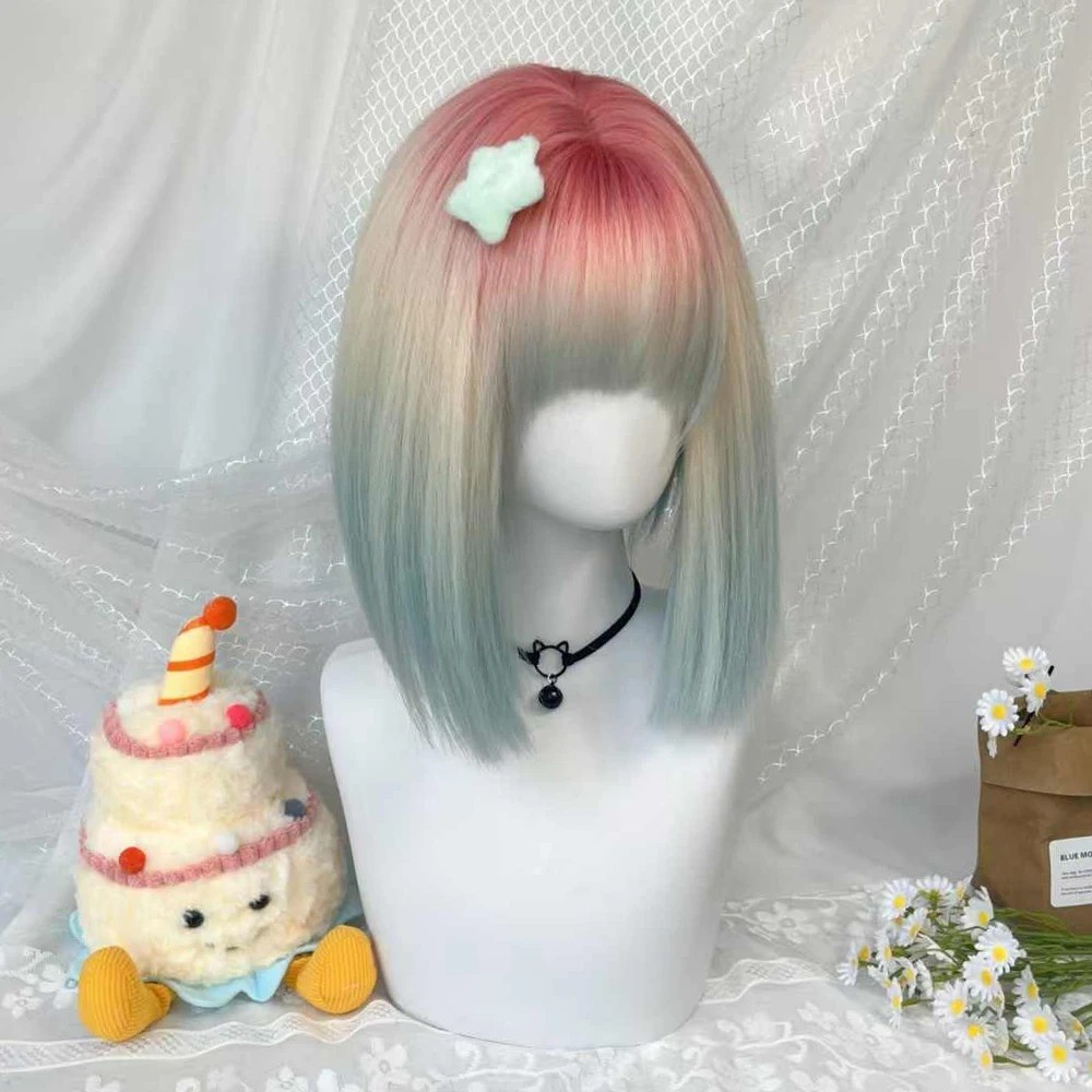 10″ Rainbow Pastel Bob Wig with Bangs Synthetic Gradient Highlights Lolita