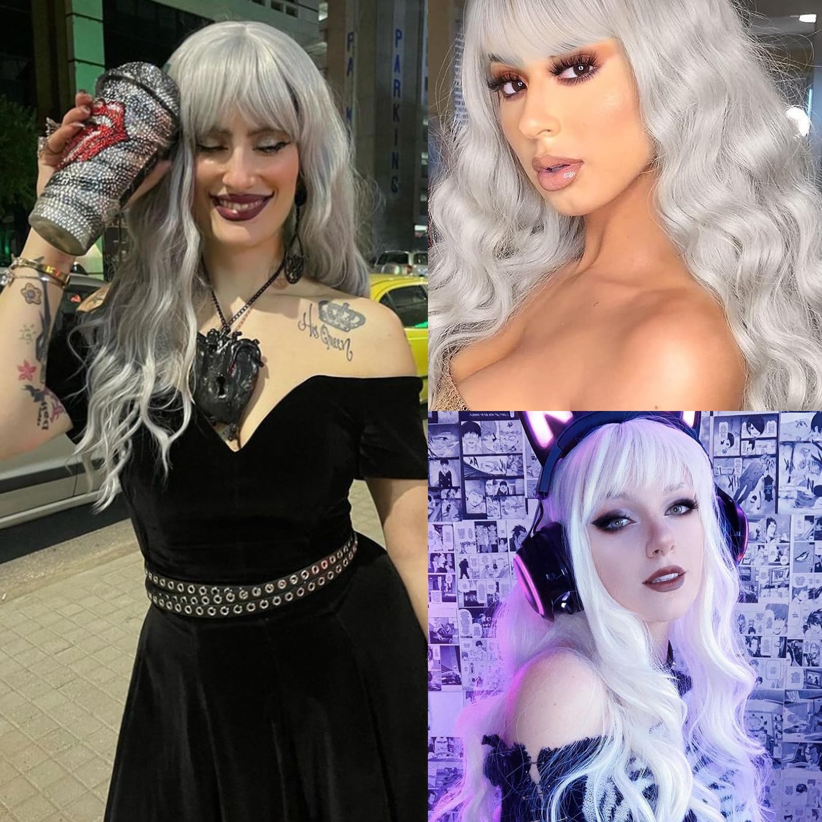 Silver Gray Wig with Bangs Grey Wigs for Women Long Curly Wig with Air Bangs …