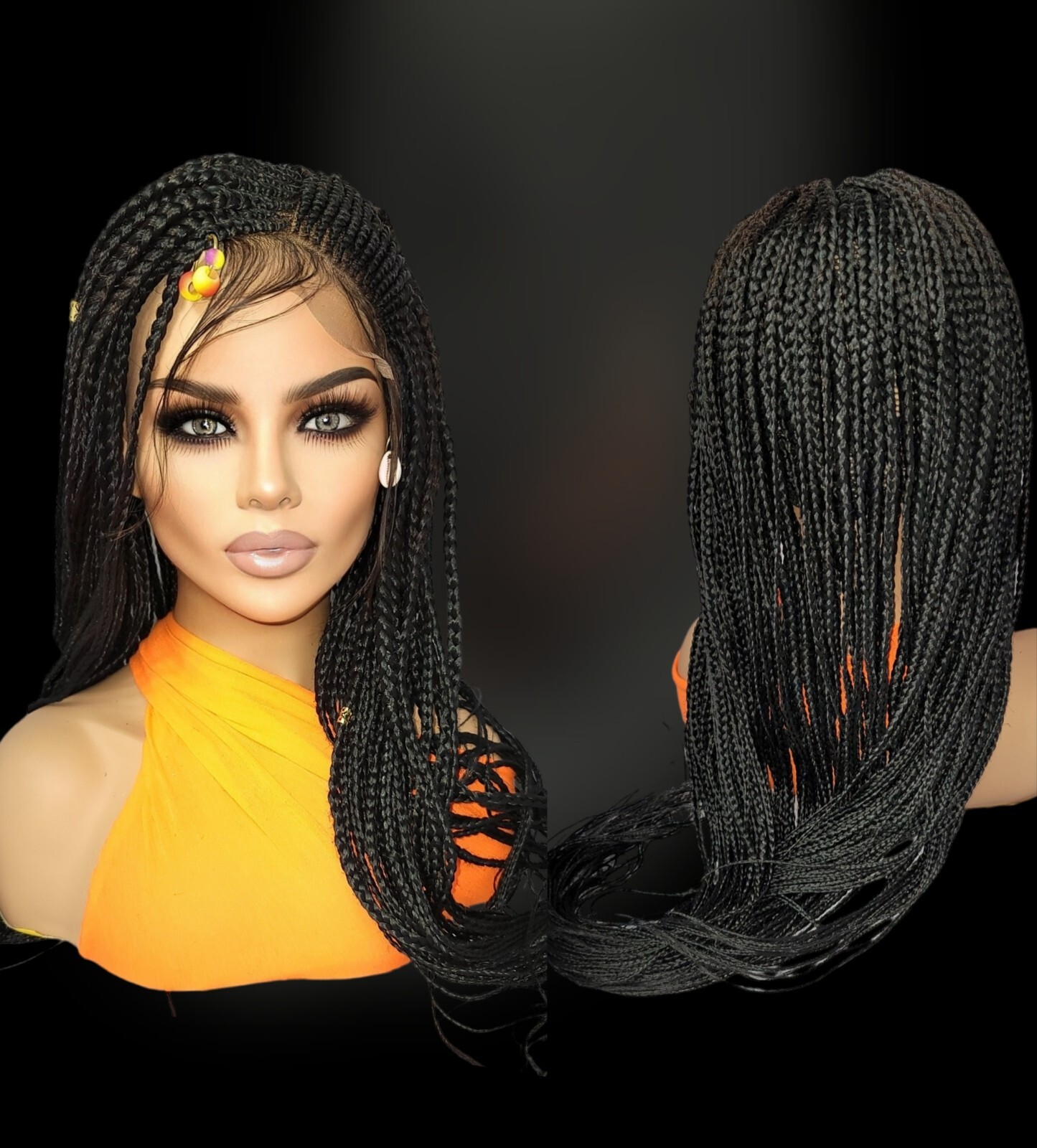 Braided Wig Cornrow Box Braids Jet Black Full Lace Glueless Handmade 24″