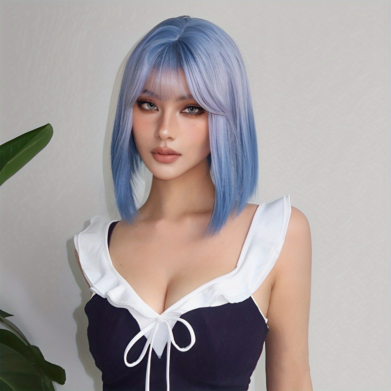 12in Blue Grey Ombre Short Bob Wig Synthetic Hair Wig Fashion Cosplay Hairpiece