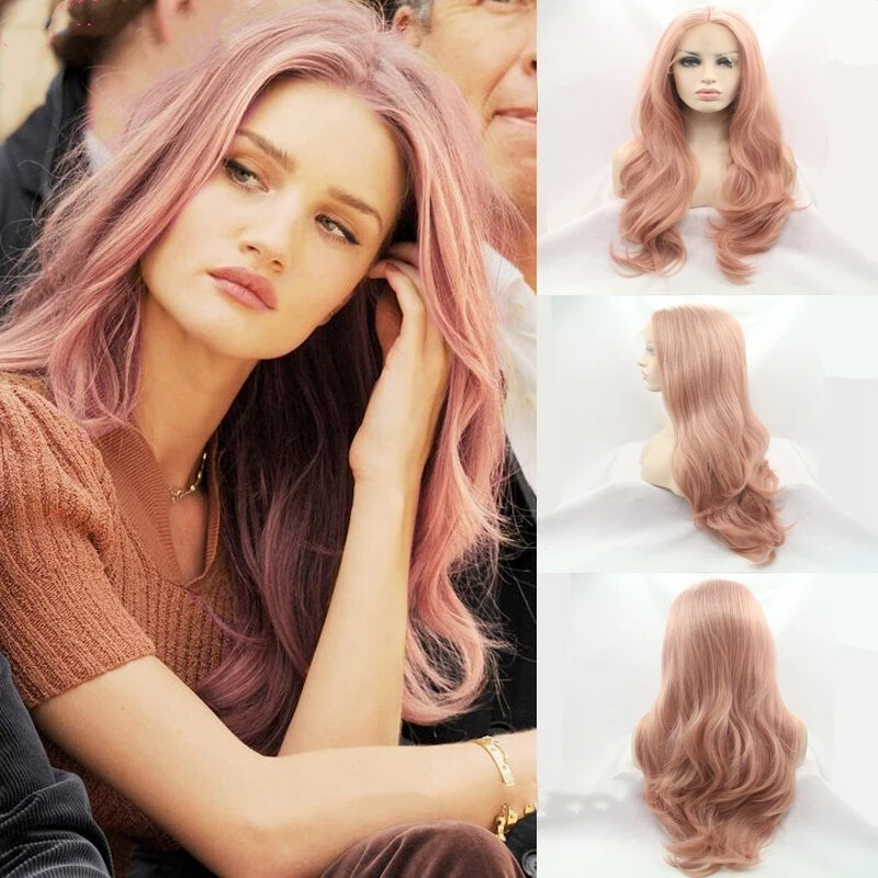 Women Rose Gold Pastel Pink Wig Girls Synthetic Lace Front Wig Heat Resistant
